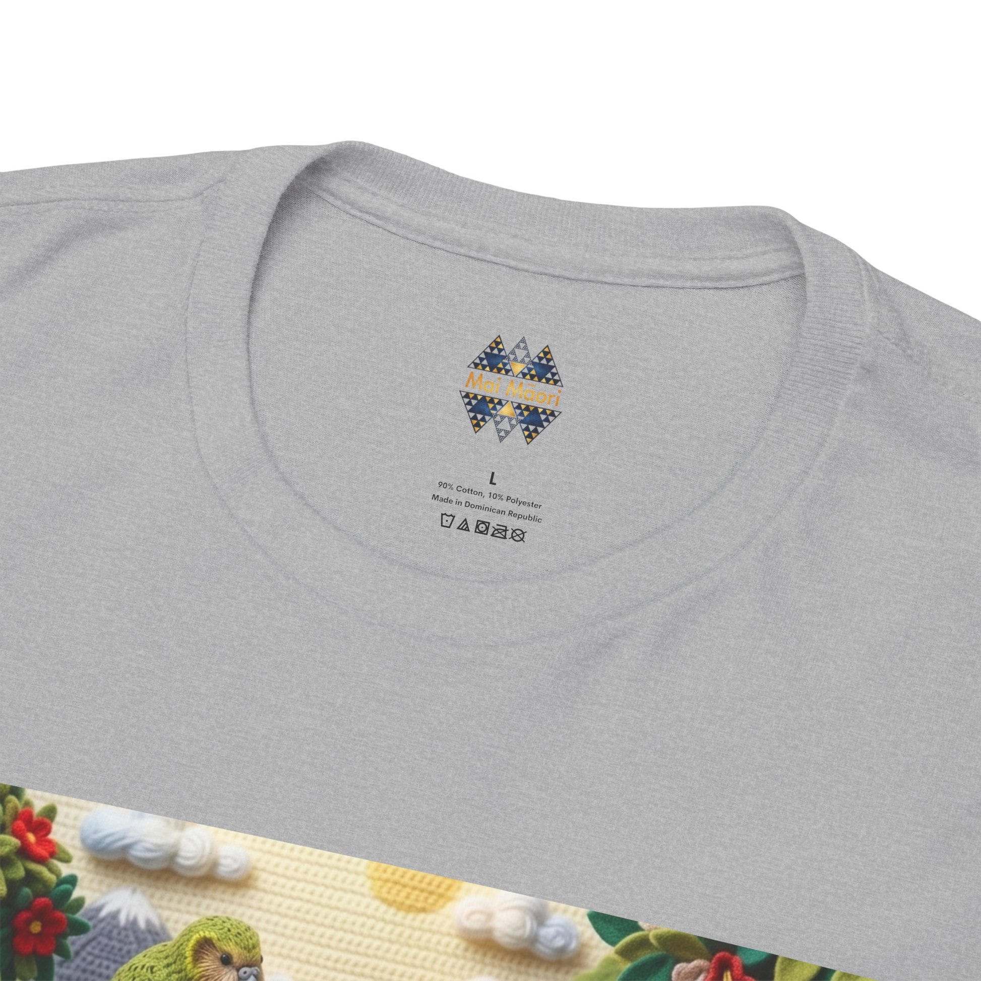 Heather gray T-shirt with small chest emblem and crew neckline