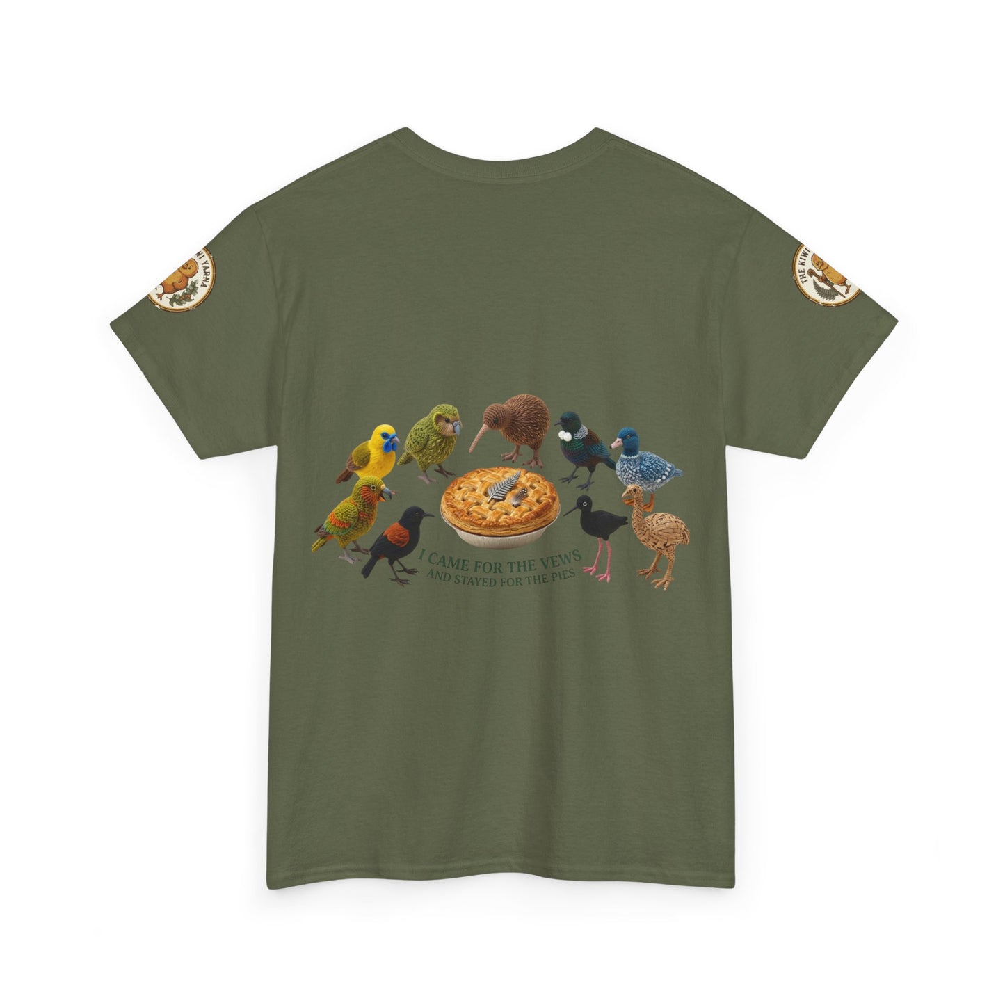 Olive green graphic T-shirt with colorful birds and pizza print