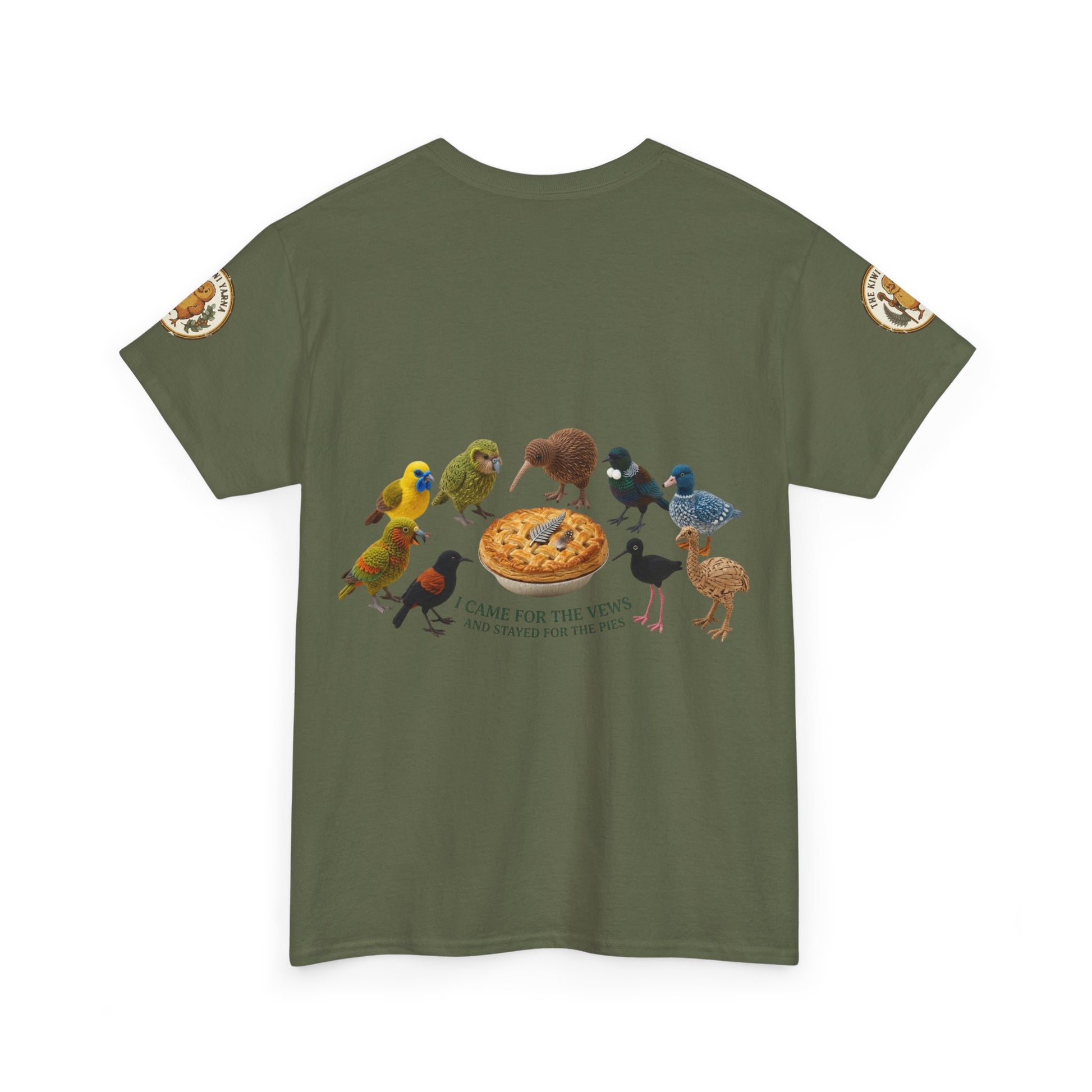 Olive green graphic T-shirt with colorful birds and pizza print