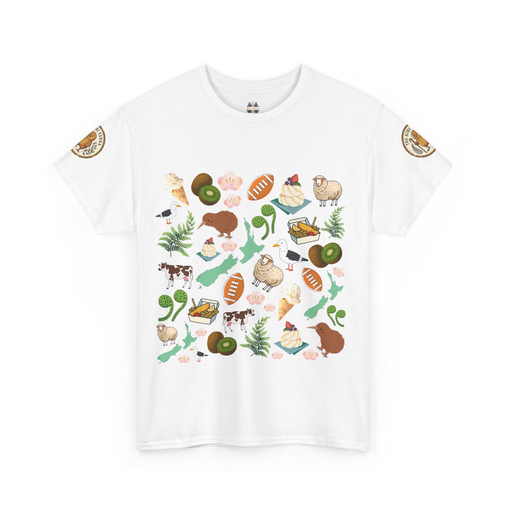 White Kiwiana graphic T-shirt, crewneck, short sleeves, colorful bird and flora print