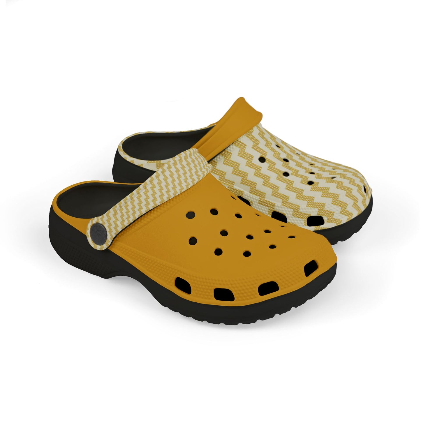 Mustard and chevron clog with black lining, perforated top, slip-on strap