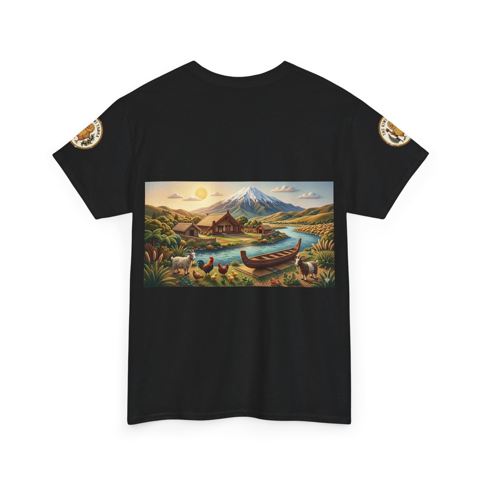Black graphic T-shirt with landscape print and small sleeve patches