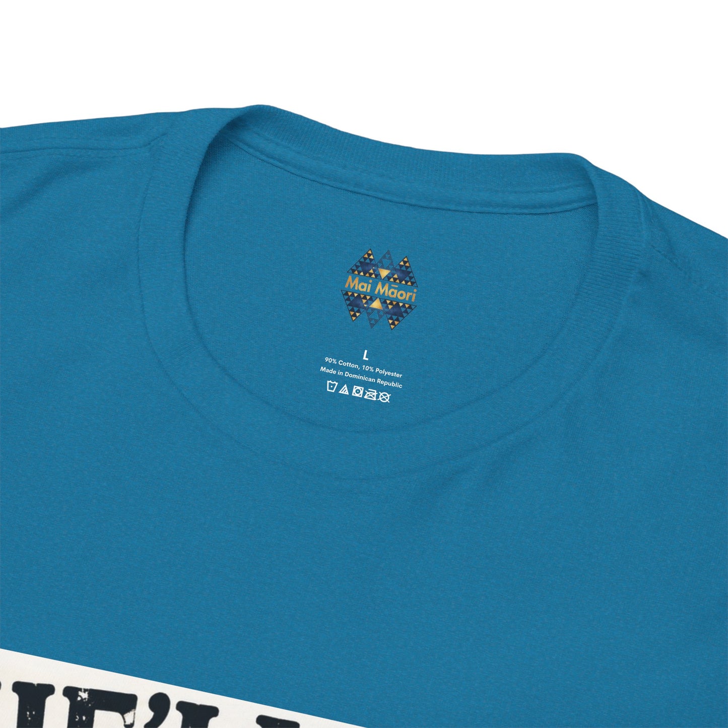 Teal T-shirt neckline with small chest logo