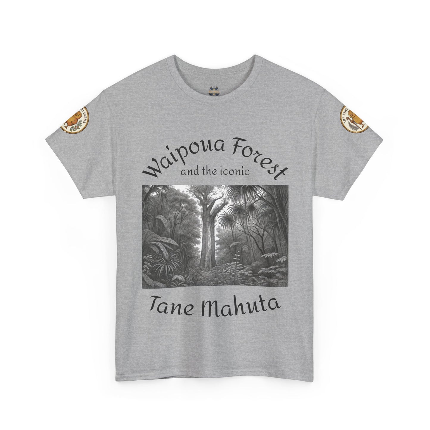 Light heather gray T-shirt with front forest graphic and sleeve patches, crew neck.