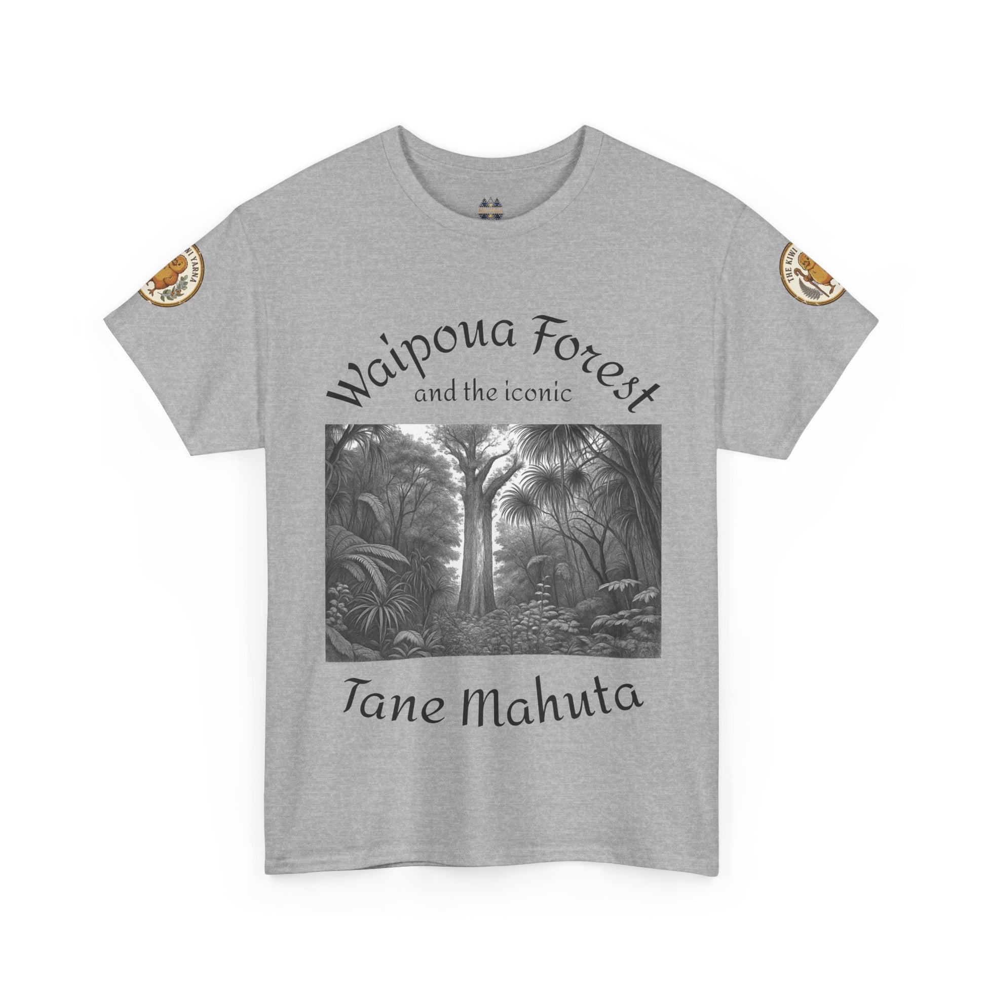 Light heather gray T-shirt with front forest graphic and sleeve patches, crew neck.