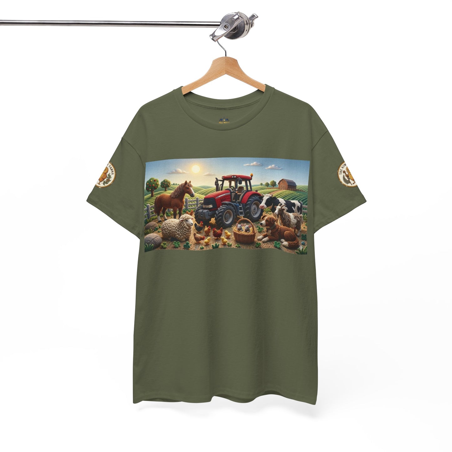 Olive green T-shirt with farm tractor graphic and round logo sleeve patches.