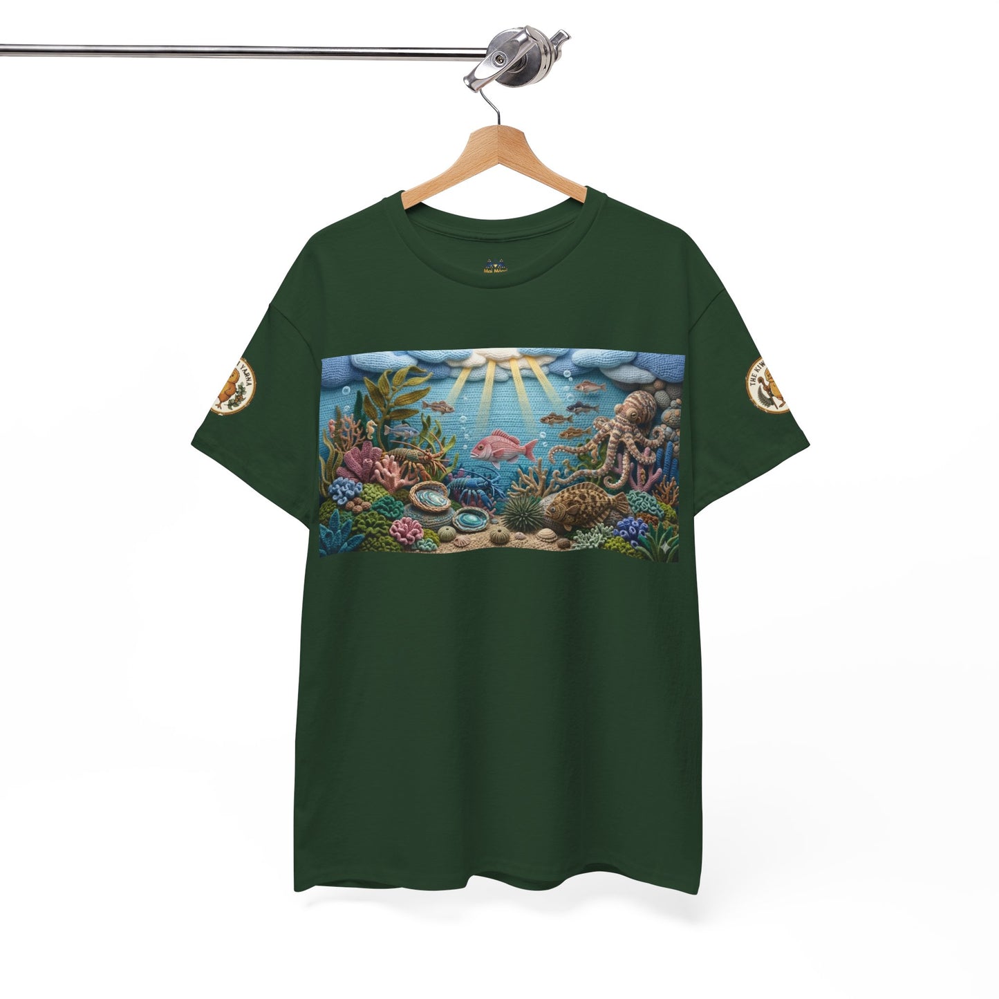 Dark green crew-neck short-sleeve T-shirt with underwater scene graphic and side sleeve badge