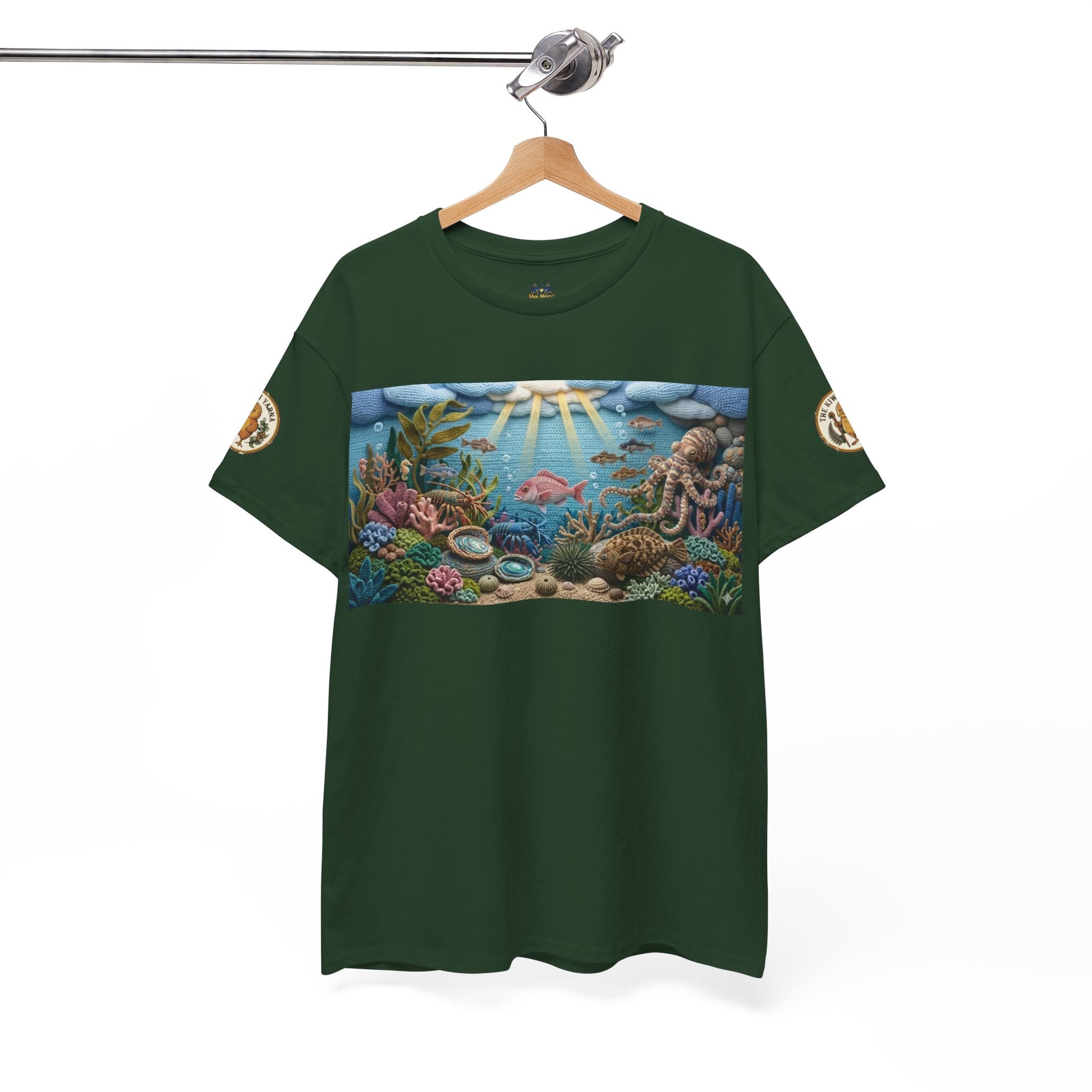 Dark green crew-neck short-sleeve T-shirt with underwater scene graphic and side sleeve badge