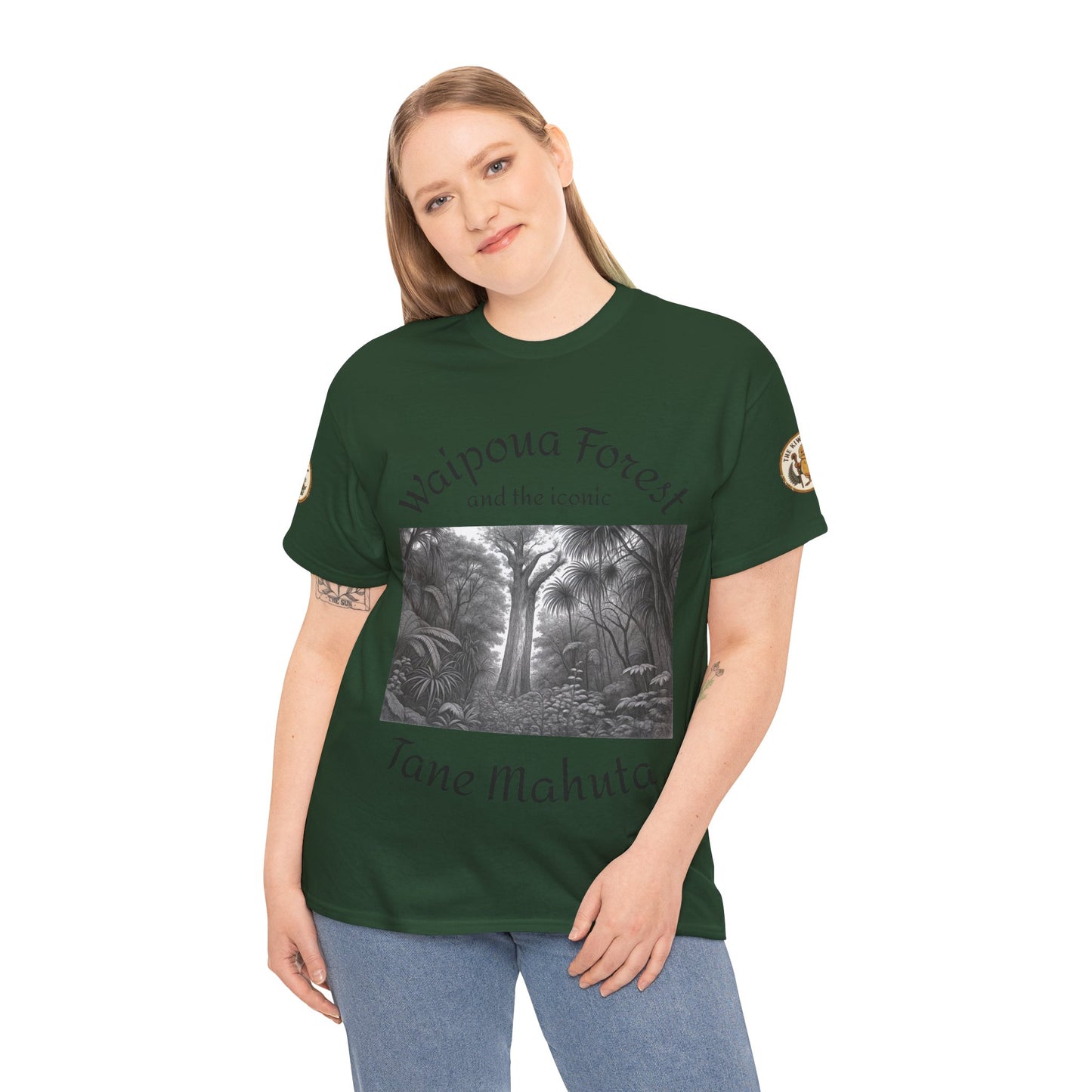 Forest green T-shirt on model with front black-and-white forest scene graphic