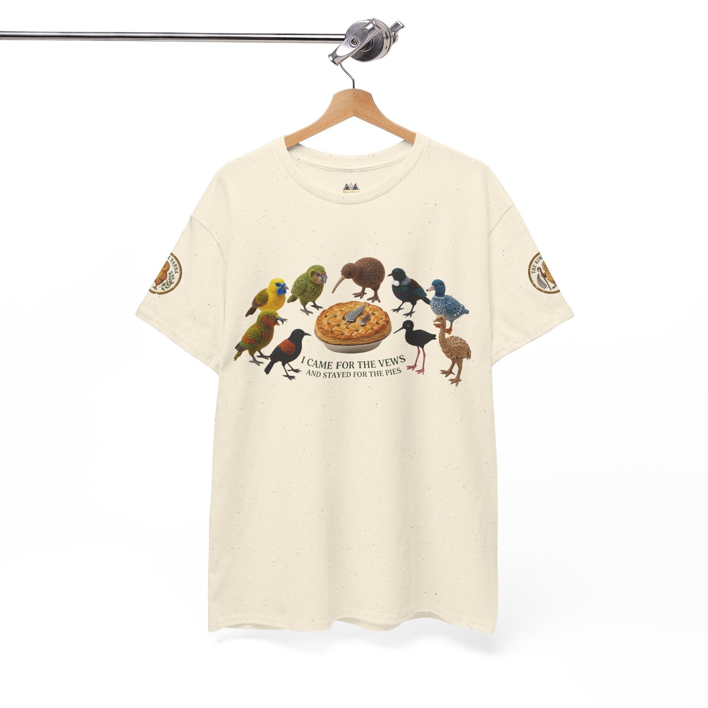 Cream graphic T-shirt with colorful birds around a pizza print