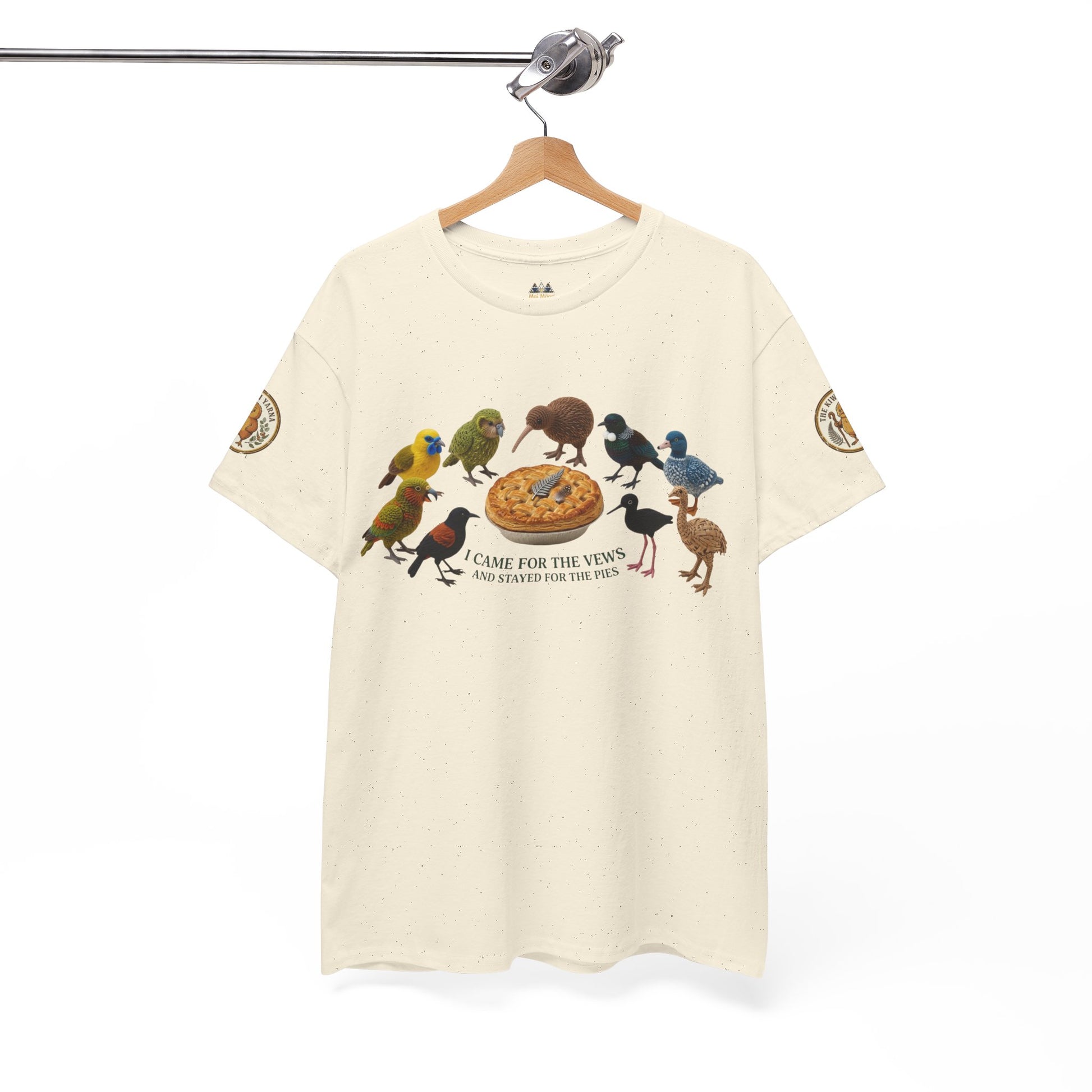 Cream graphic T-shirt with colorful birds around a pizza print