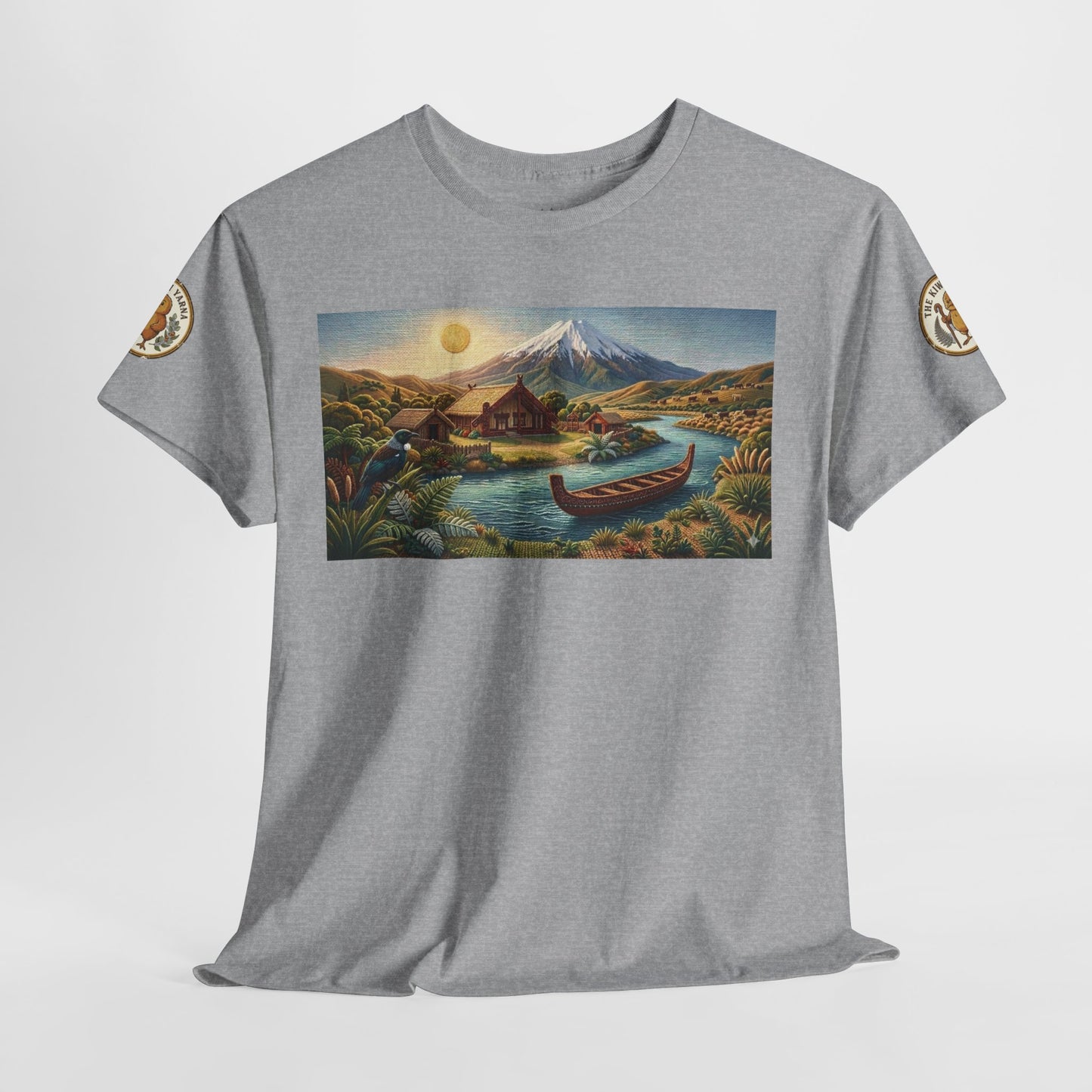 Gray heather crewneck graphic T-shirt with rectangular landscape boat and mountain print