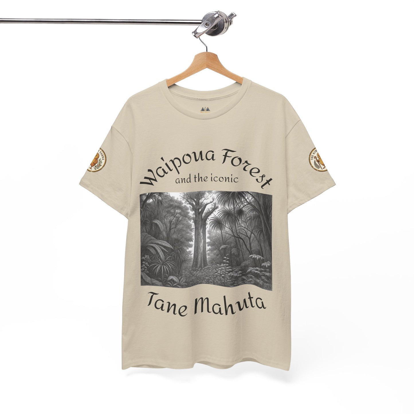 Beige T-shirt with Waipoua Forest and Tane Mahuta graphic front
