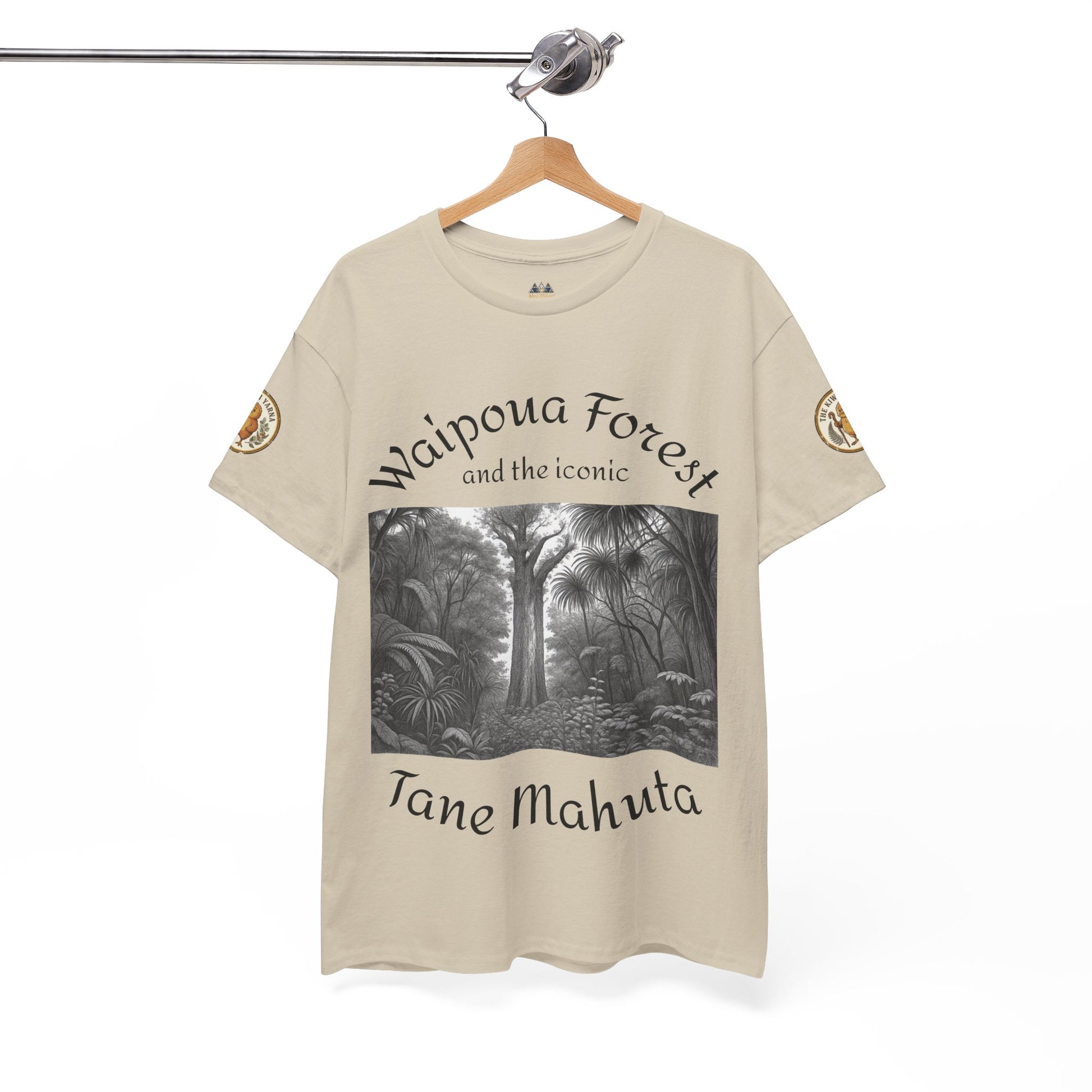 Beige T-shirt with Waipoua Forest and Tane Mahuta graphic front