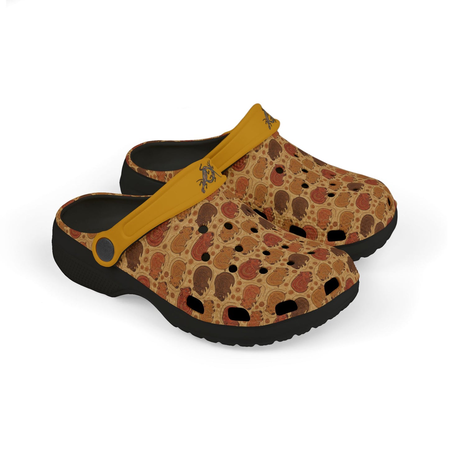 Patterned clog with yellow strap and black sole, angled side view.