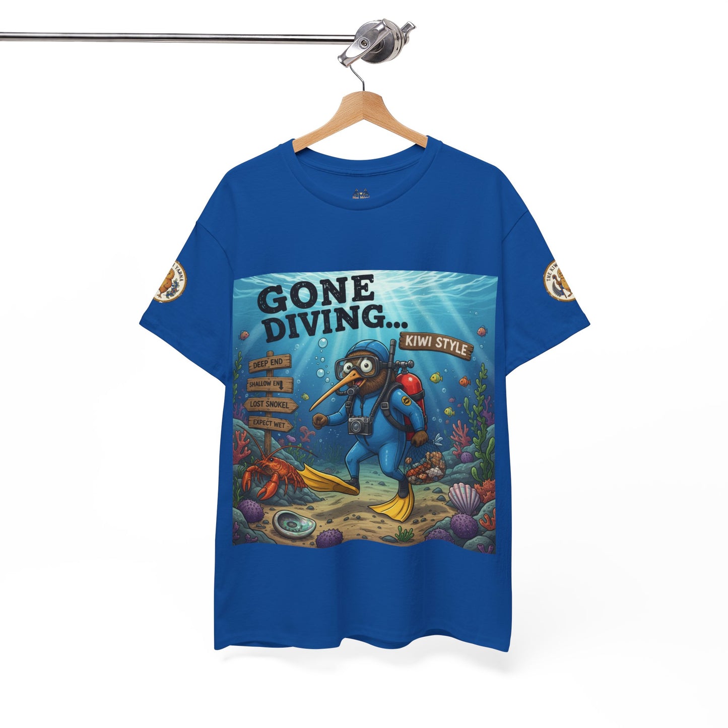 Blue crew-neck graphic t-shirt on hanger with underwater character front panel