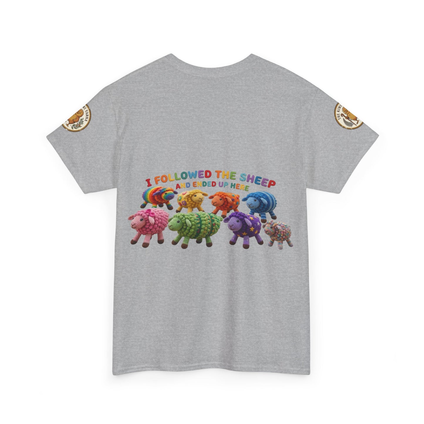 Heather gray short-sleeve T-shirt with colorful sheep graphic and gold sleeve patches