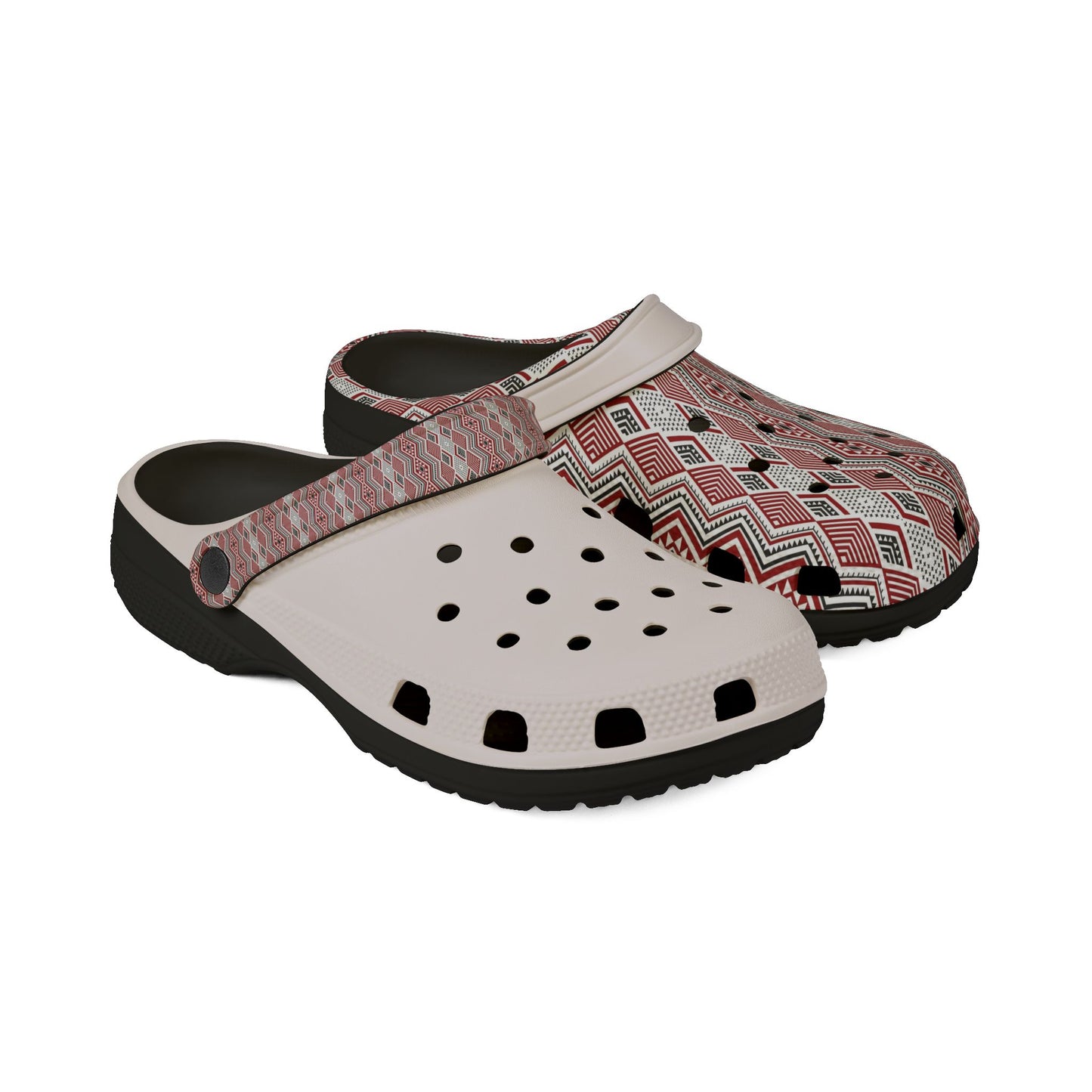 Patterned slide clogs with white perforated top, red zigzag upper, and black sole.