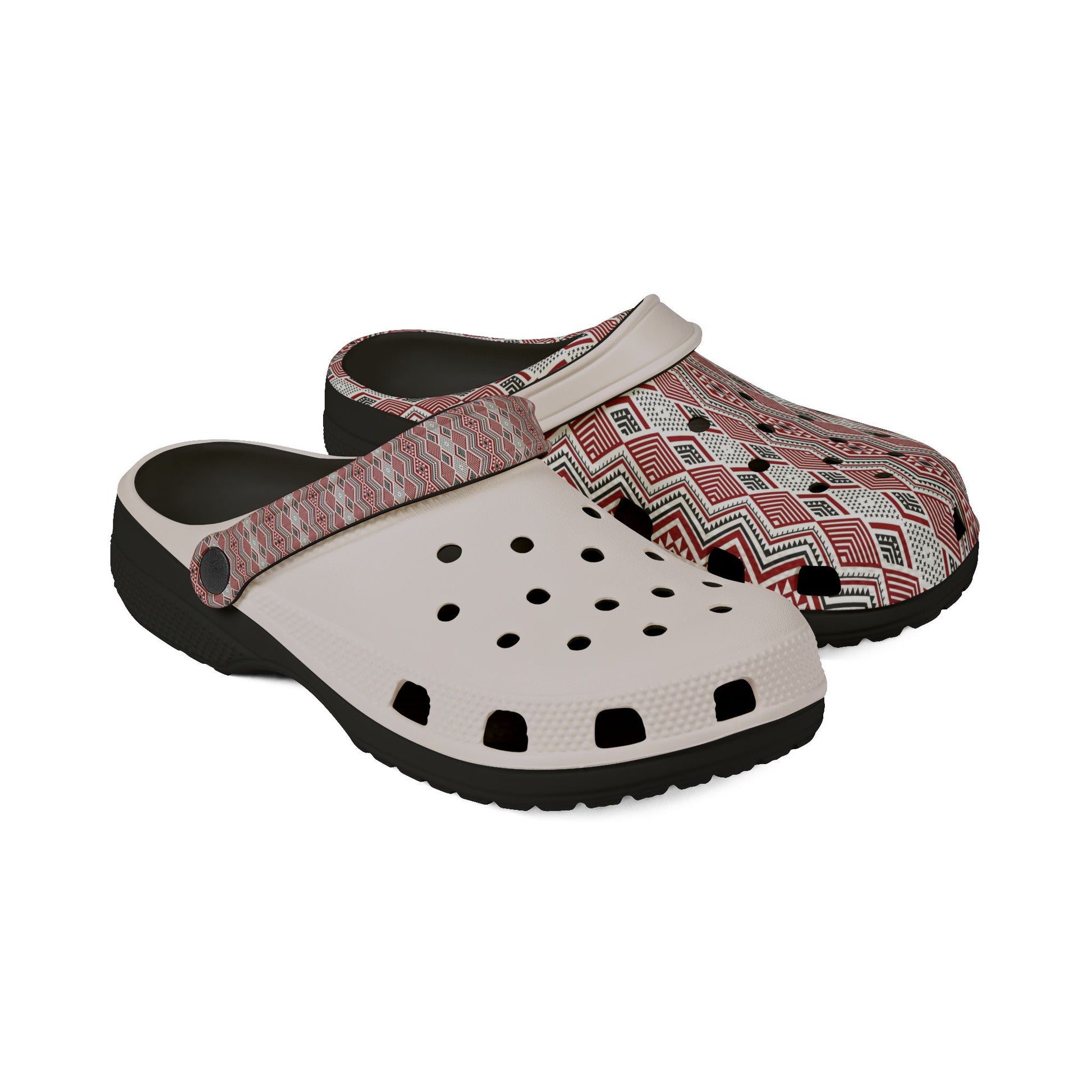 Patterned slide clogs with white perforated top, red zigzag upper, and black sole.