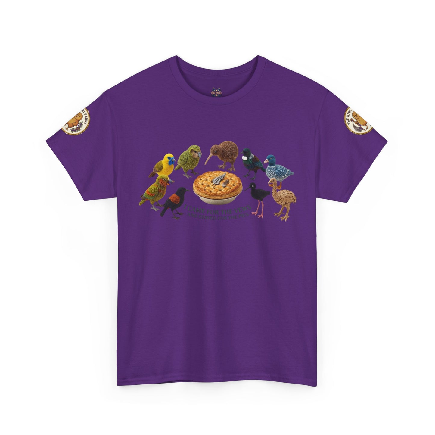Purple graphic T-shirt with crew neck and colorful bird-and-pizza design on front