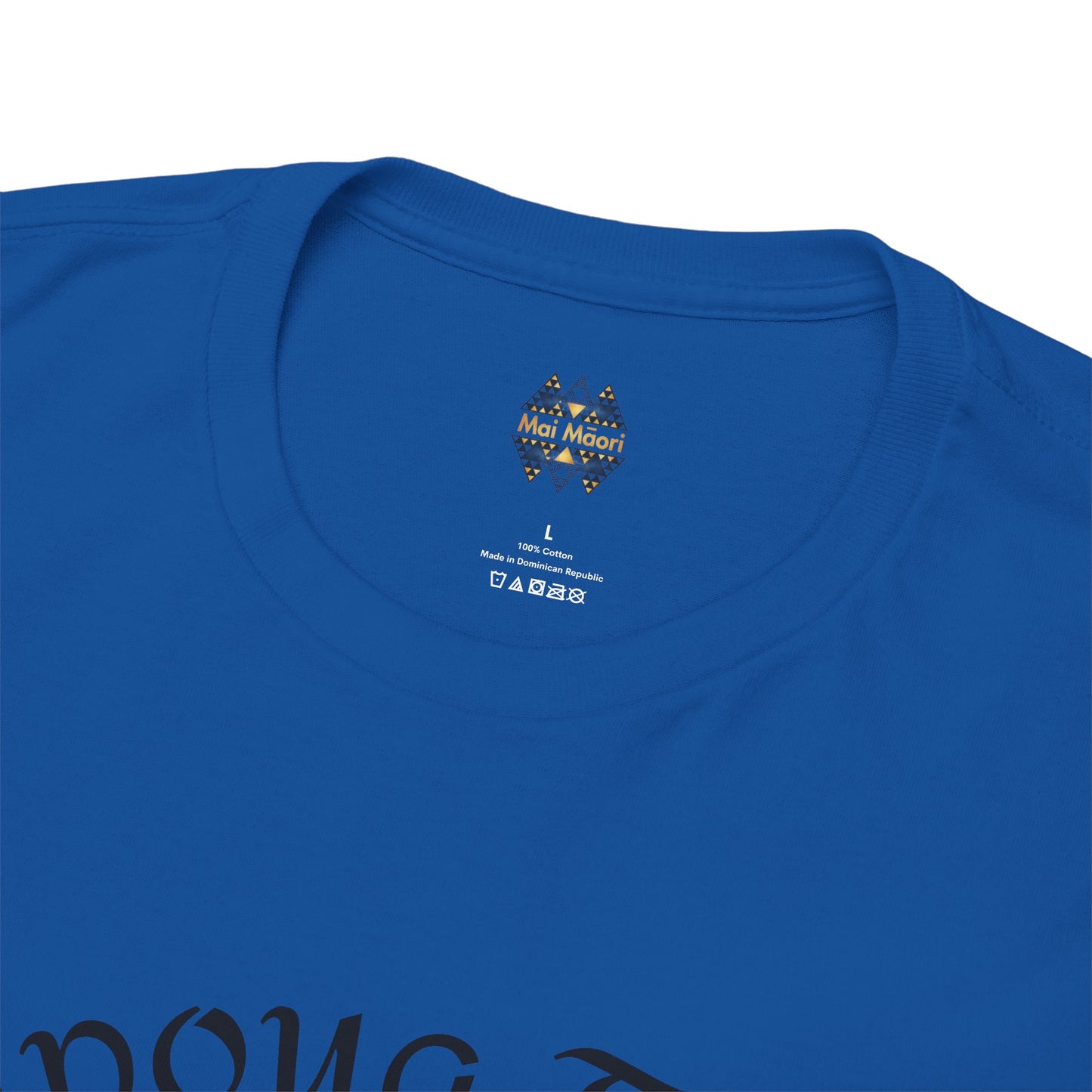 Blue crewneck T-shirt neckline with small chest logo and printed size label