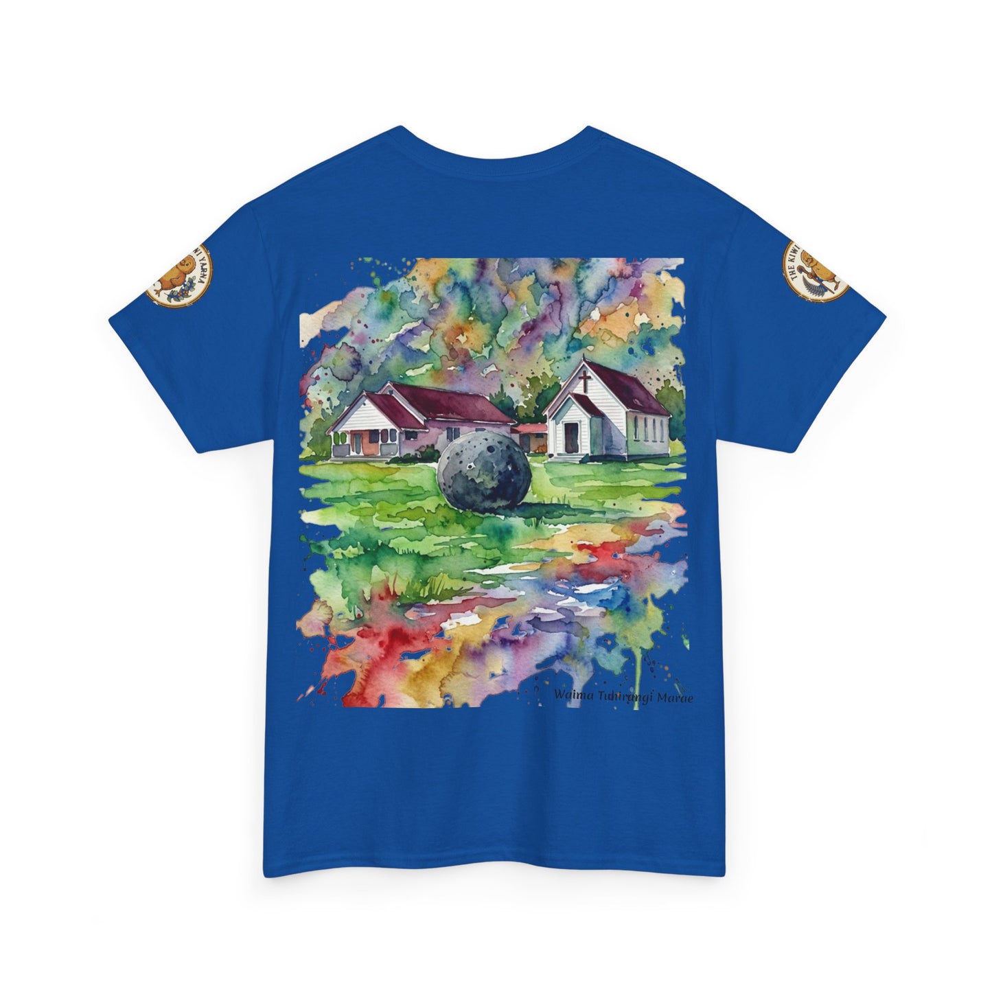 Blue T-shirt with colorful house mural graphic and circular sleeve patches