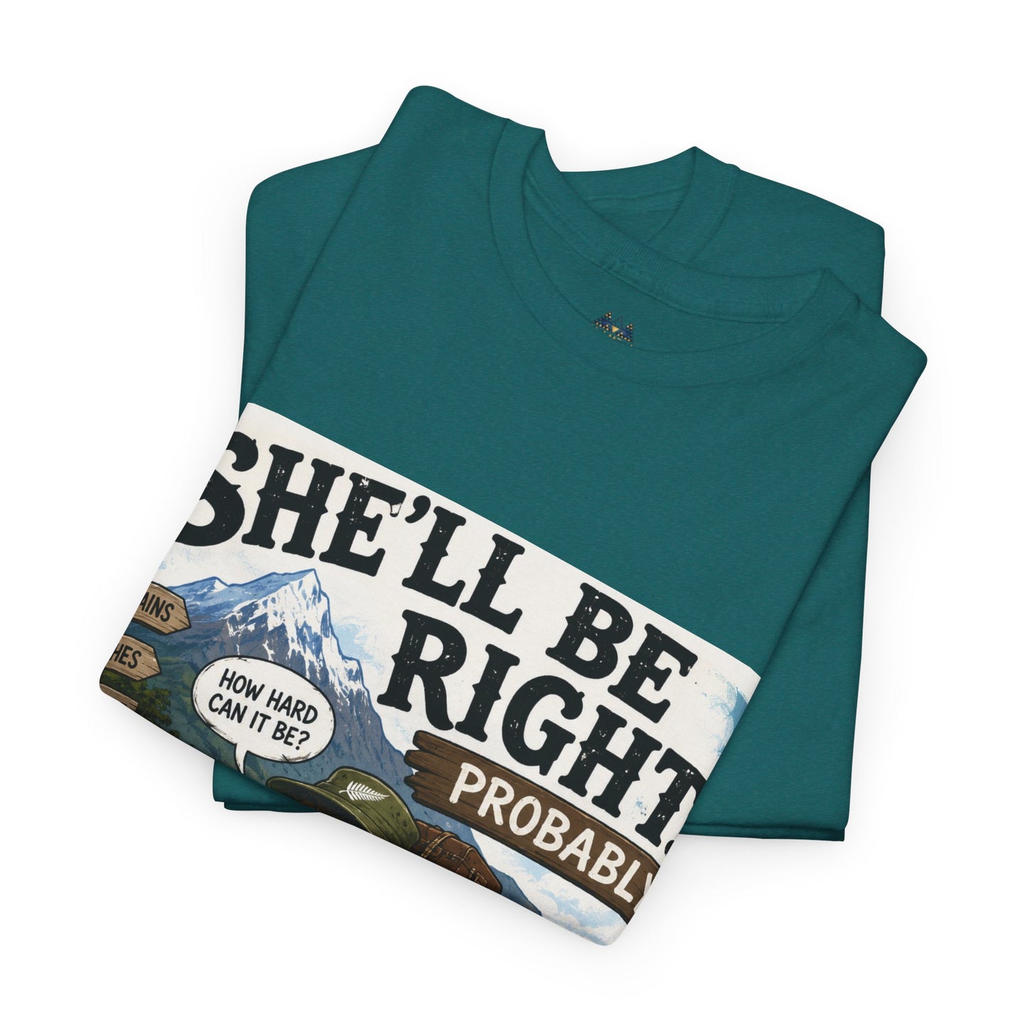 Folded green graphic T-shirt with bold front text and car scene print.