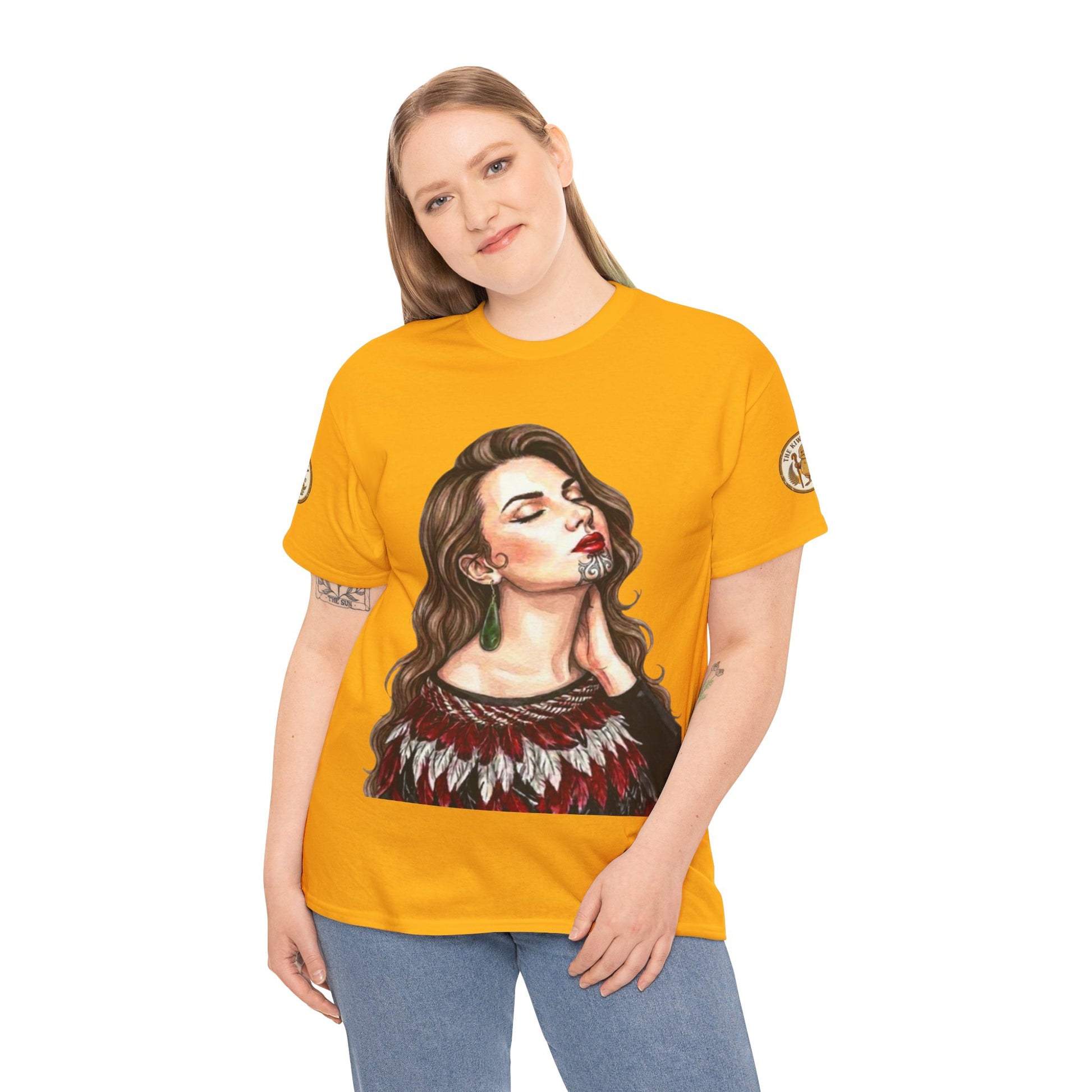Yellow crew-neck t-shirt on model with large portrait graphic and sleeve badge.