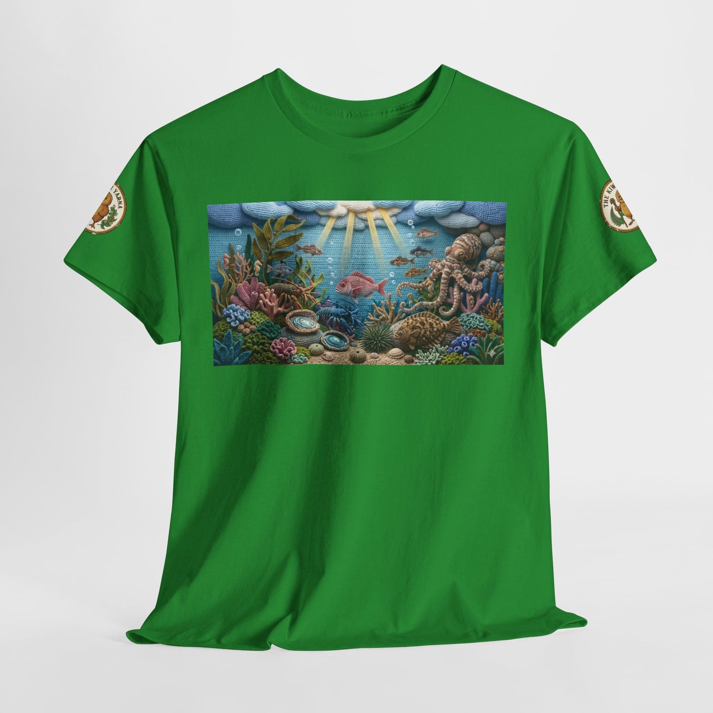 Green short-sleeve T-shirt with undersea rectangular chest print and small sleeve icons