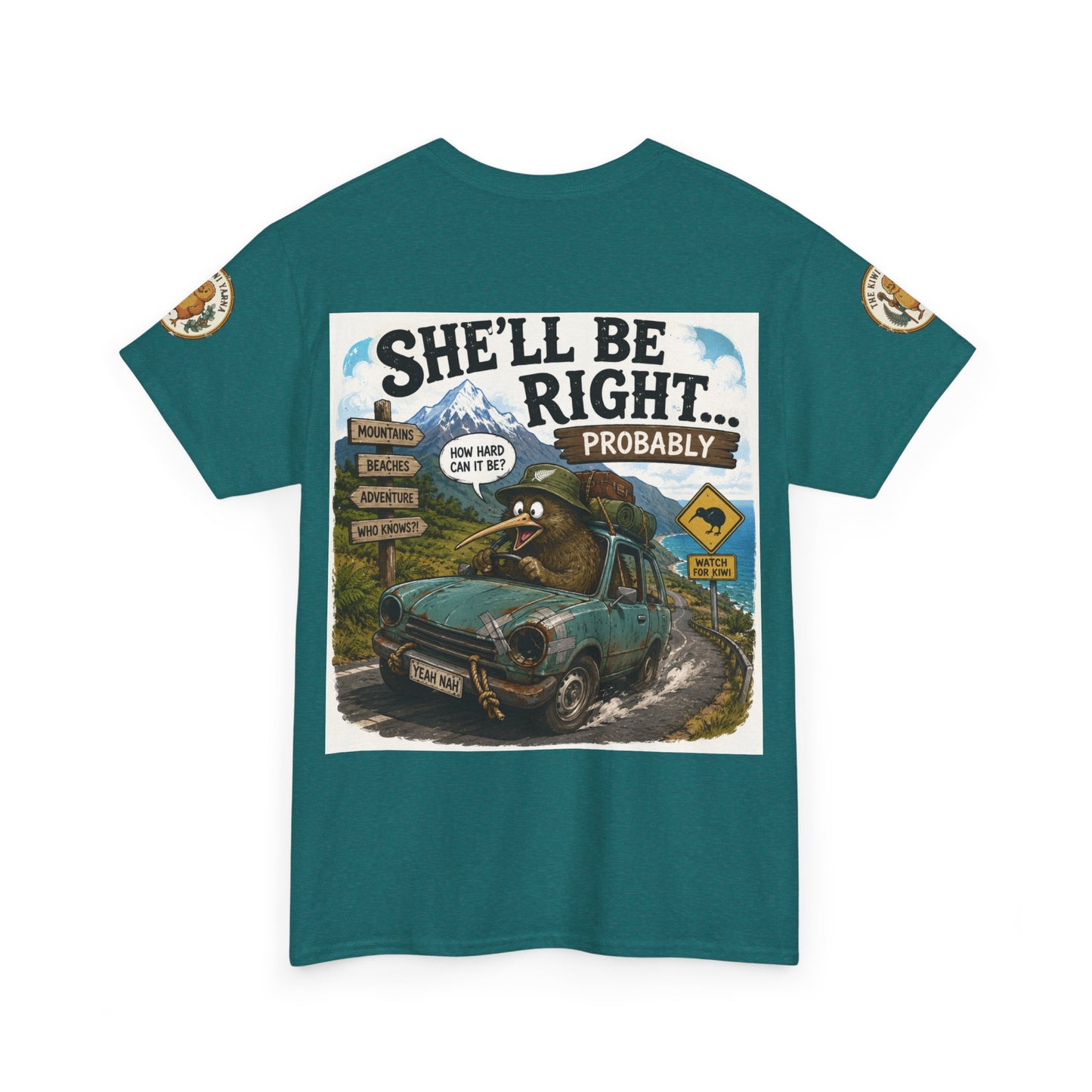 Teal graphic T-shirt with centered car scene artwork and small sleeve patches.