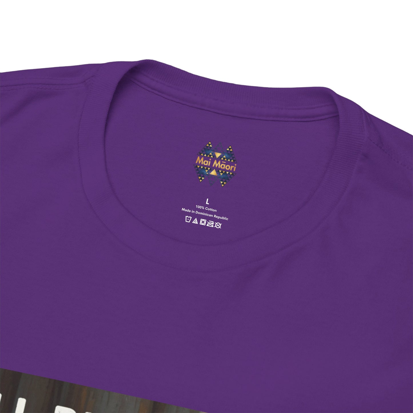 Purple t-shirt close-up of crew neck and small chest logo print