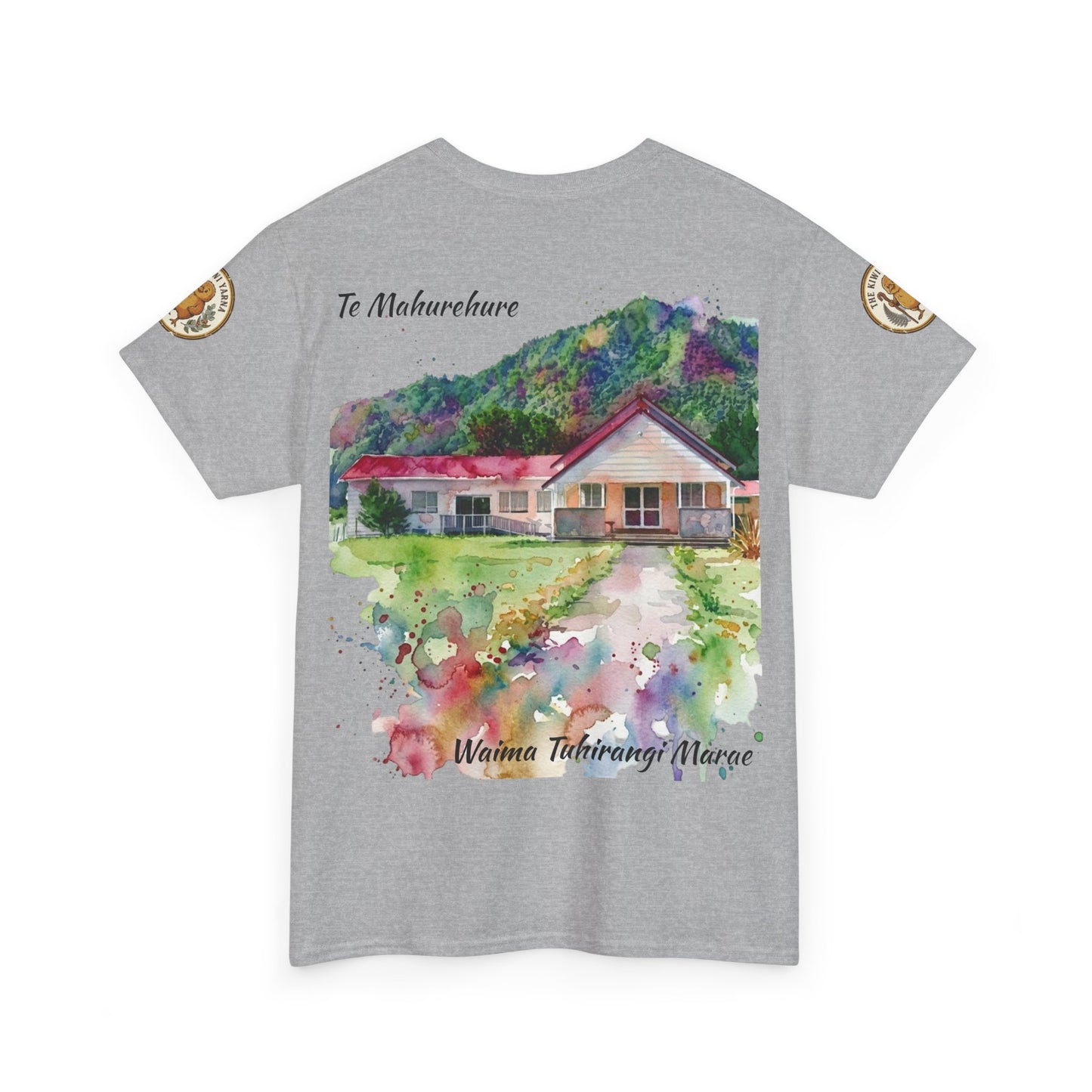 Heather gray T-shirt with watercolor house graphic and colorful landscape print