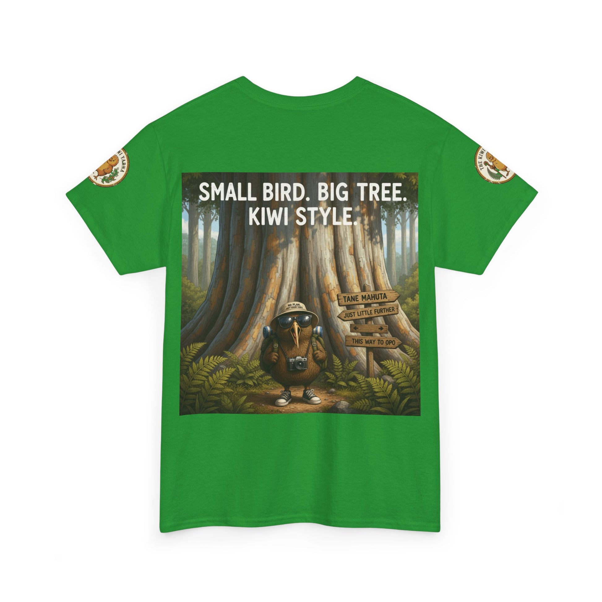 Green kids graphic T-shirt with forest scene print and “Kiwi Style” text