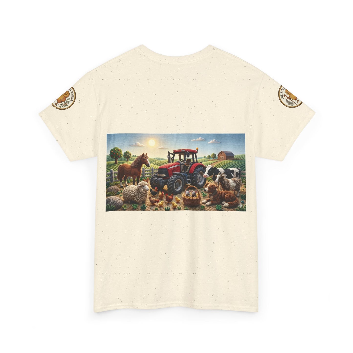 Cream graphic T-shirt with farm scene rectangle print across the chest