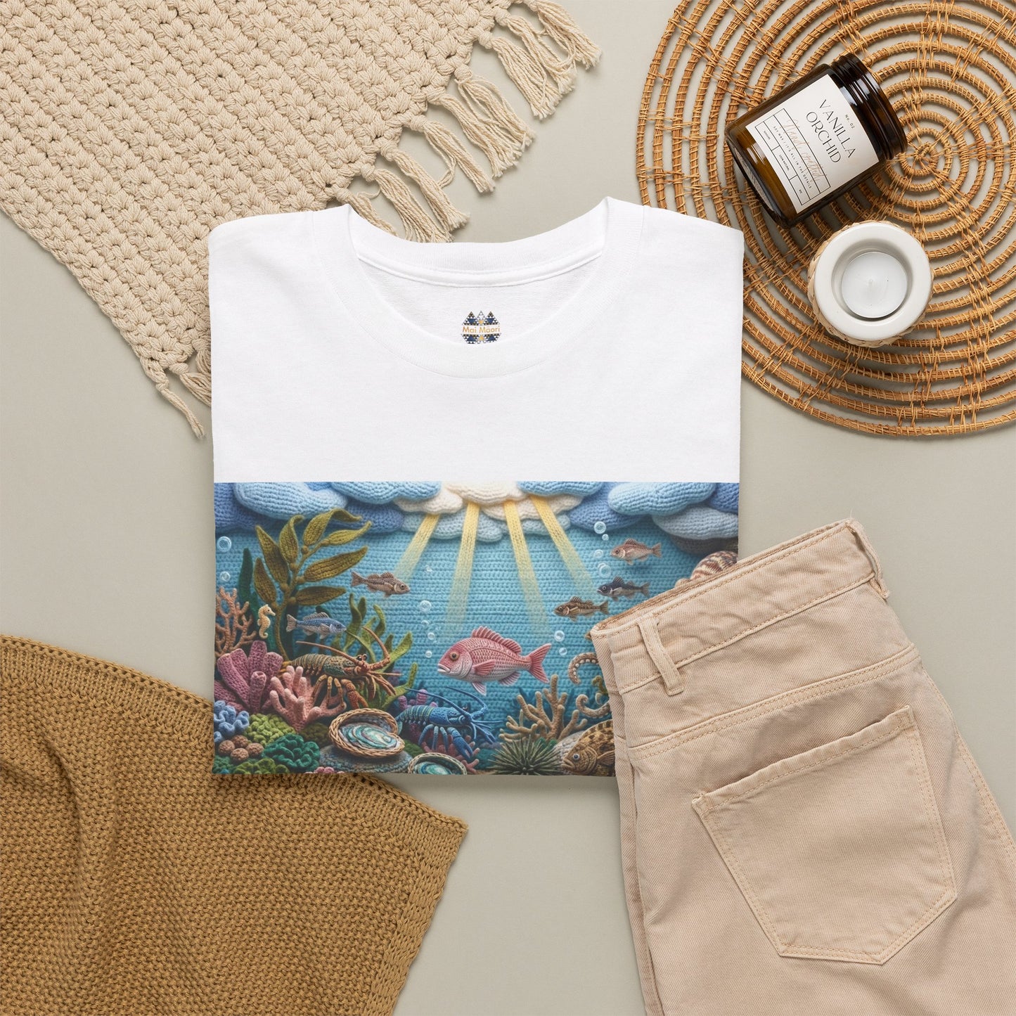 White crew-neck T-shirt with undersea scene print and gold-striped detail.