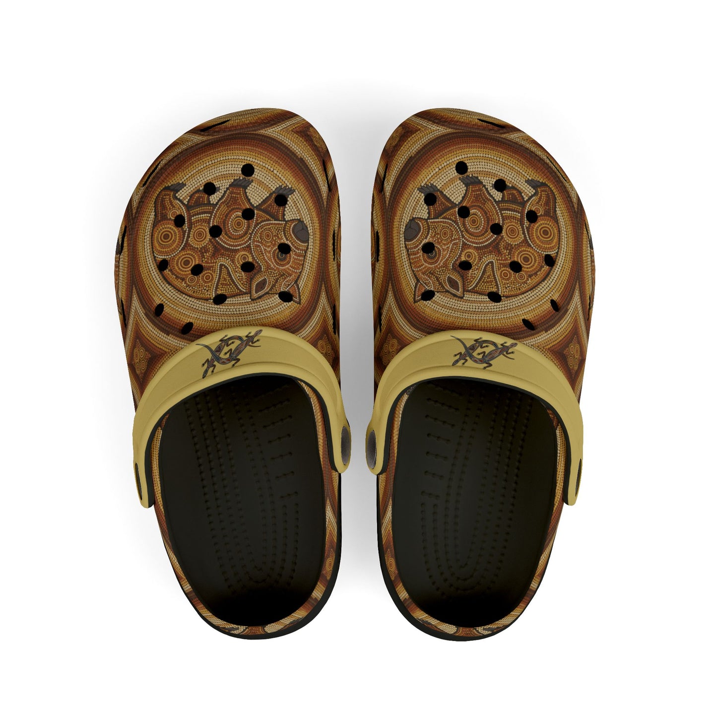 Patterned slip-on casual clogs with yellow strap and dark footbed, front view.