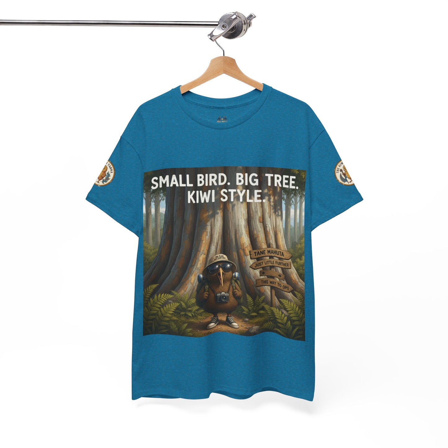Teal graphic T-shirt on hanger, front poster print with 'KIWI STYLE' text