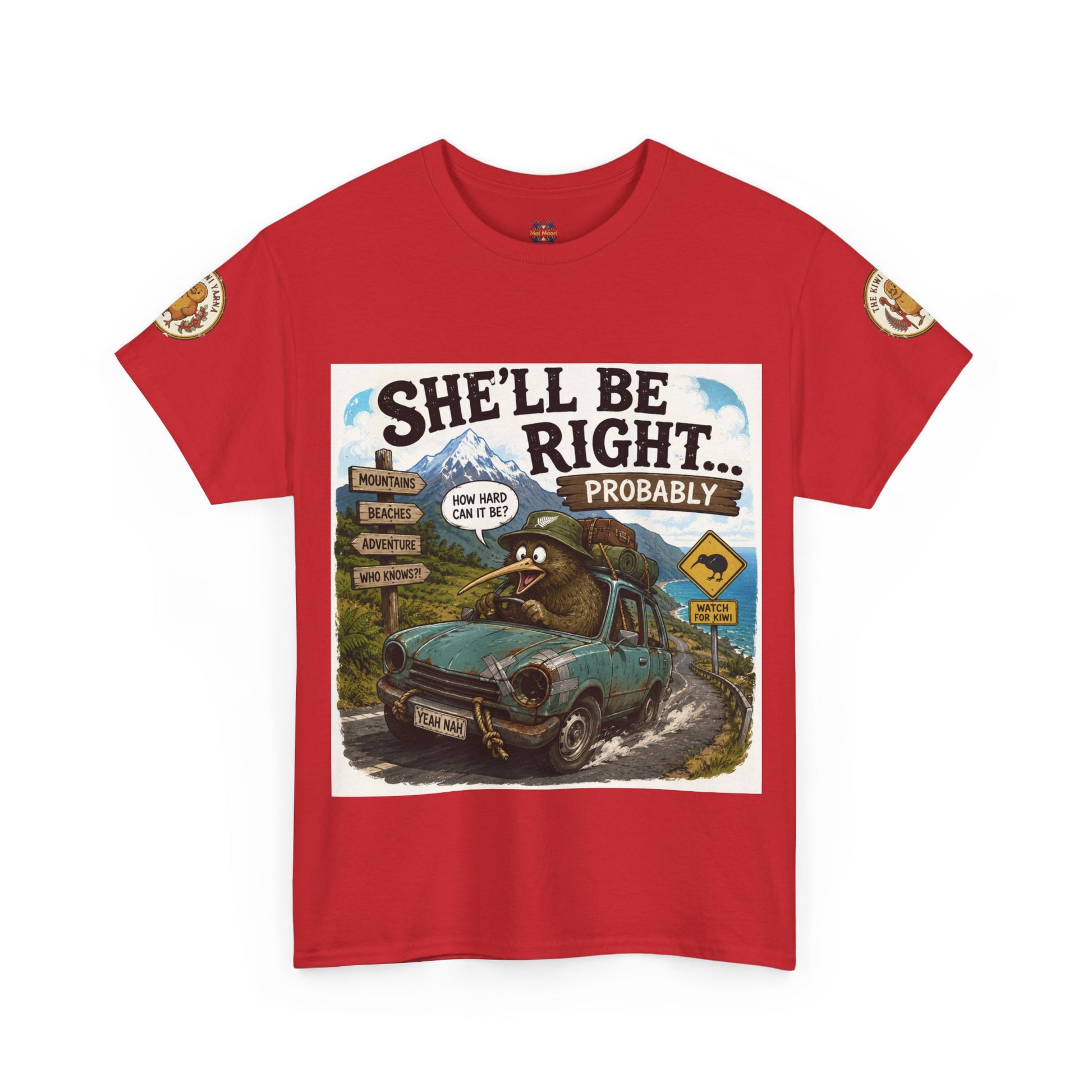 Red graphic crewneck T-shirt with “She’ll Be Right.. Probably” front print and circular sleeve logos.