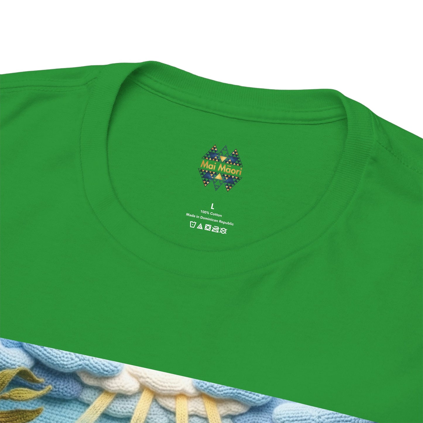 Green crew-neck T-shirt with Mai Moai heart logo under collar