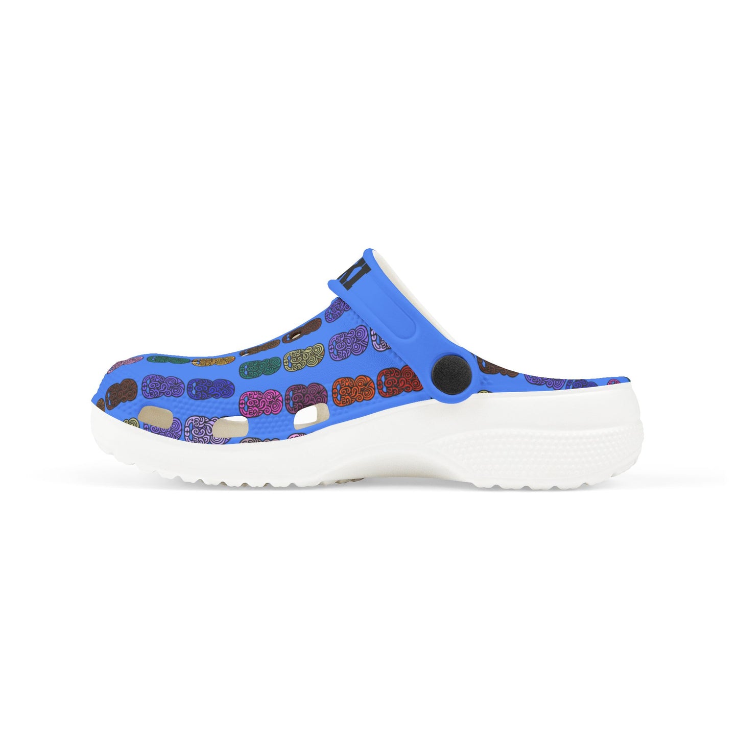 Kids slip-on casual shoe, side profile, blue tiki-print upper with white outsole