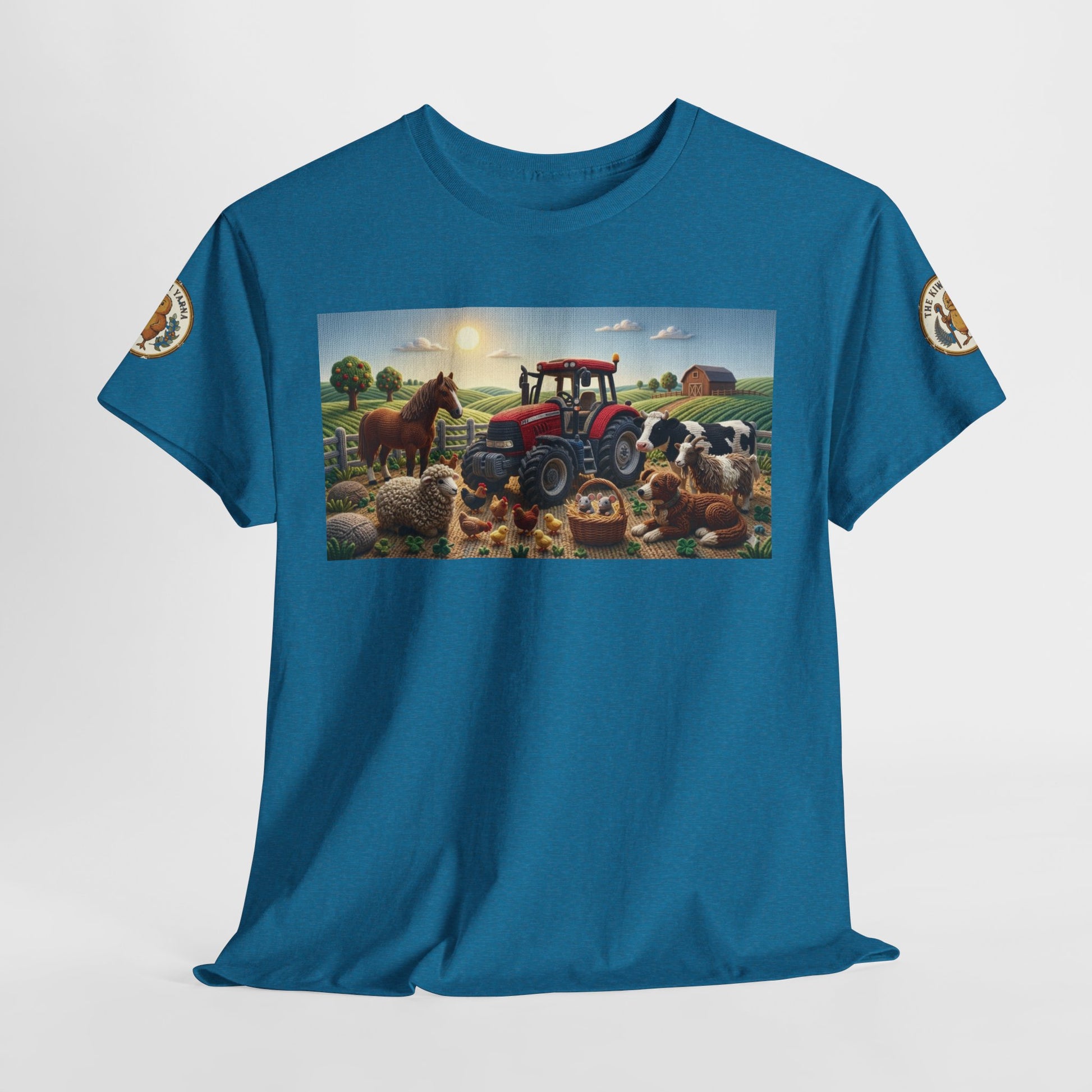 Blue crewneck T-shirt with large front farm tractor and animals graphic; sleeve logo patches.