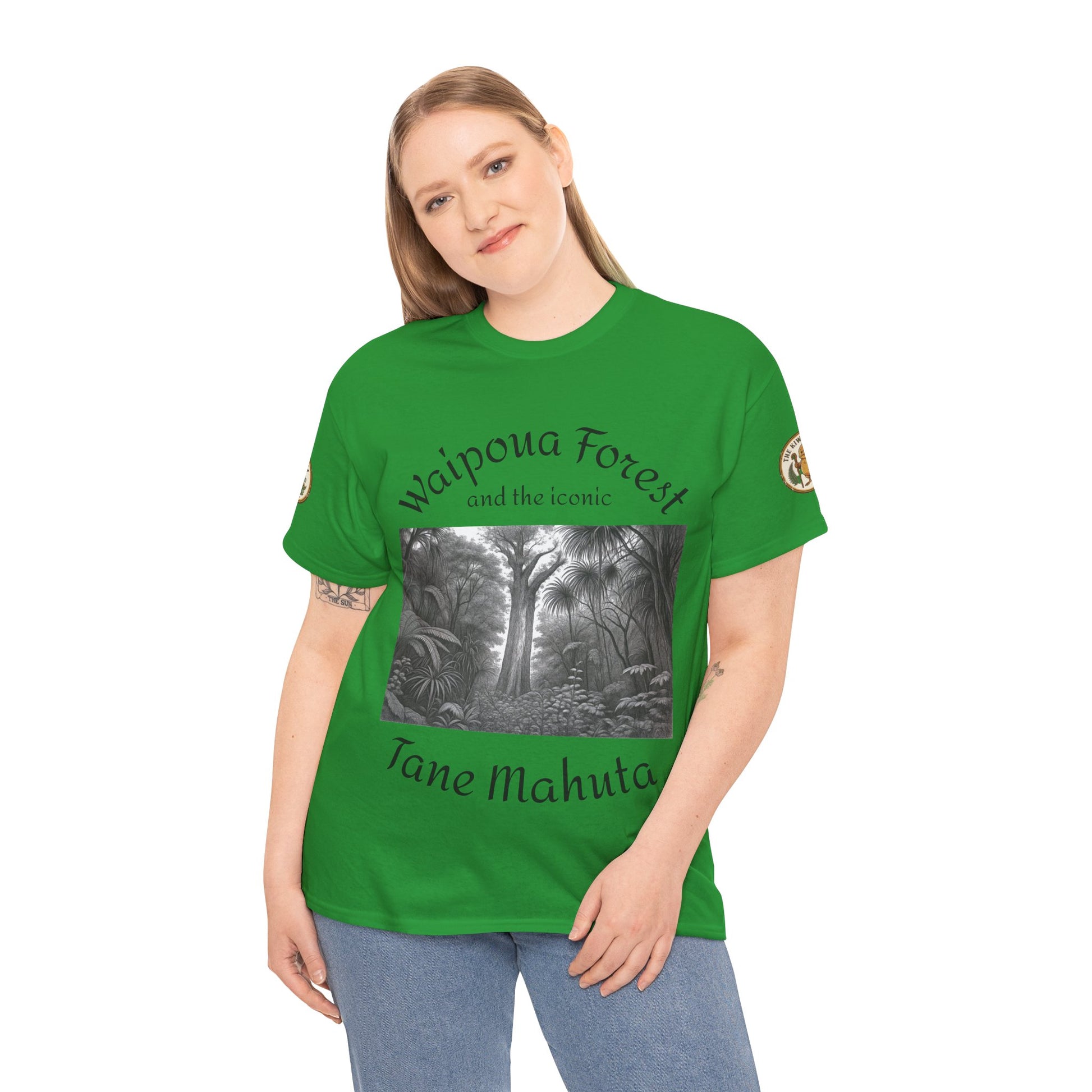 Green graphic T-shirt with forest photo print and Waipoua Forest/Tane Mahuta text, model