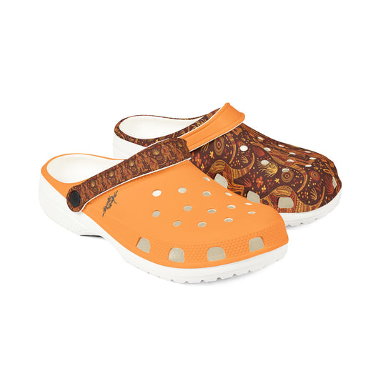 Orange slip-on clog with patterned upper, perforated footbed, white sole