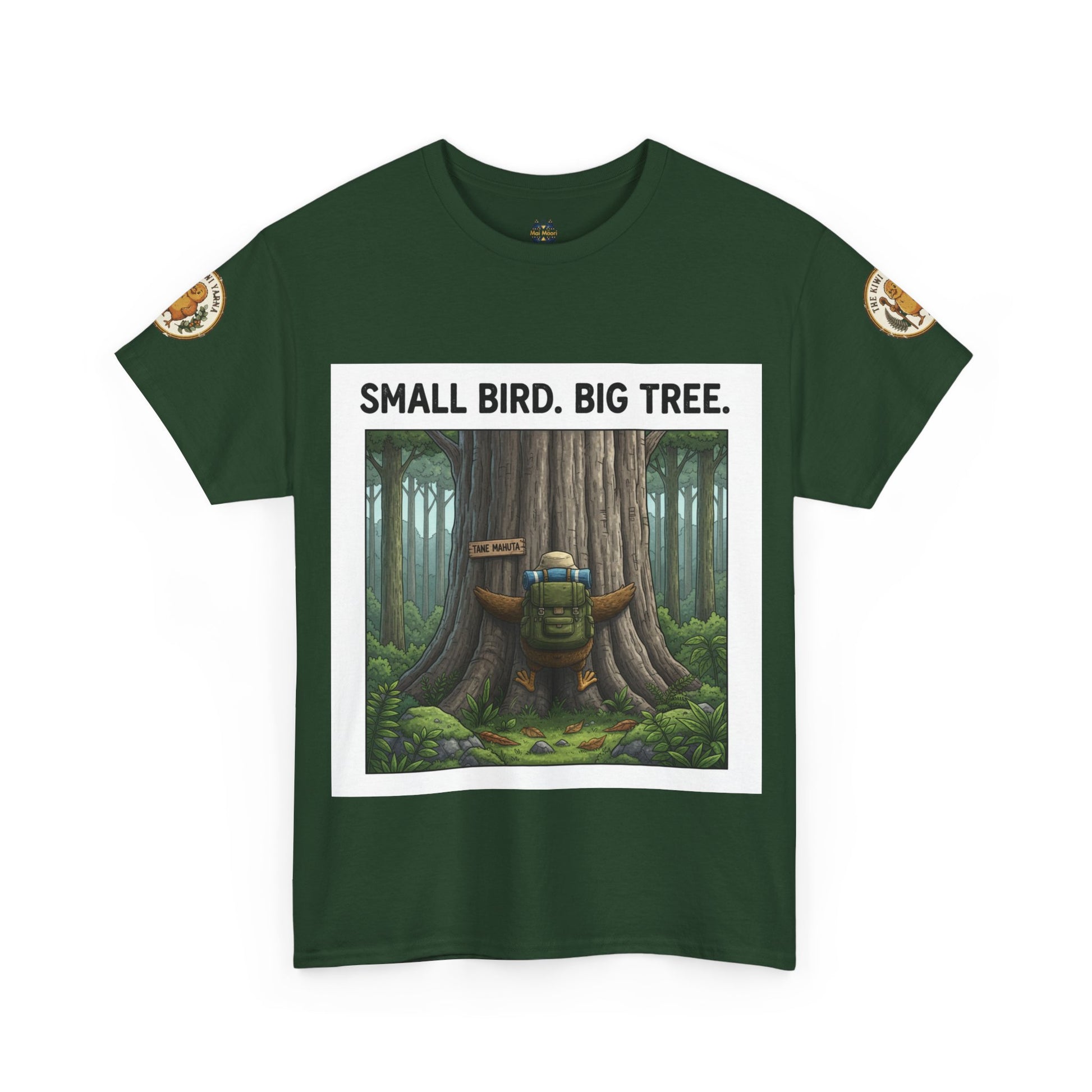 Dark green graphic T-shirt with forest scene print, round neck, short sleeves