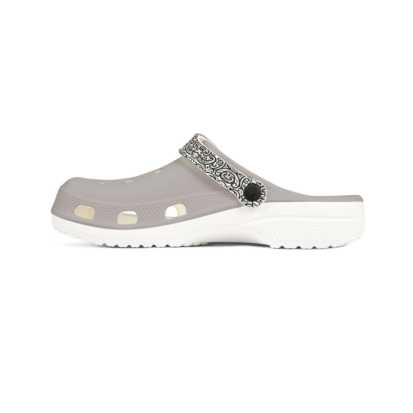 Ponga clogs, light-gray slip-on with black patterned strap and white sole
