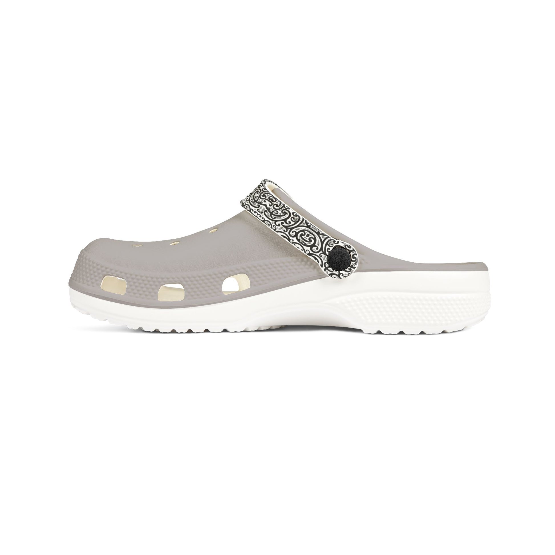Ponga clogs, light-gray slip-on with black patterned strap and white sole