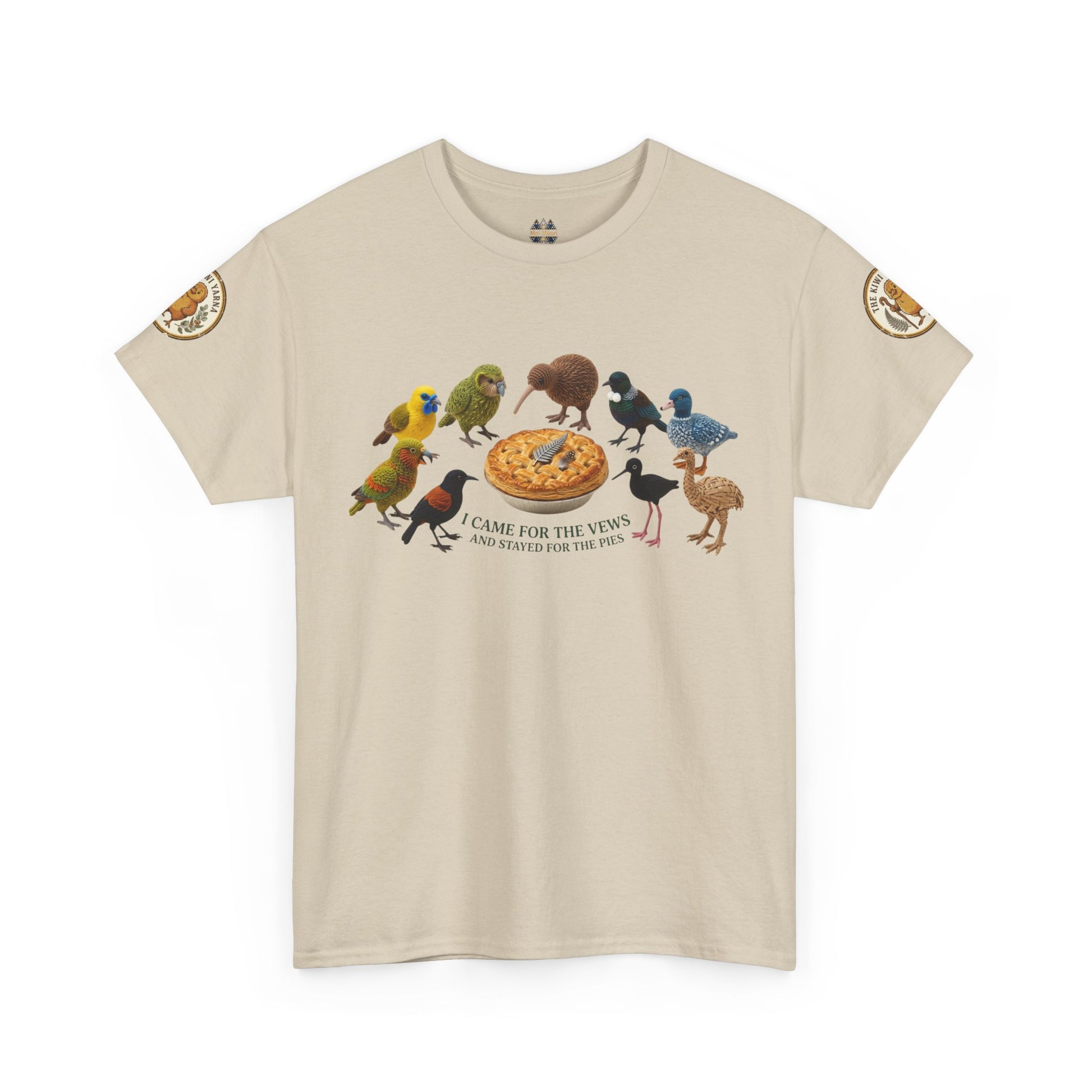 Natural graphic T-shirt with birds-and-pizza print and round sleeve patches