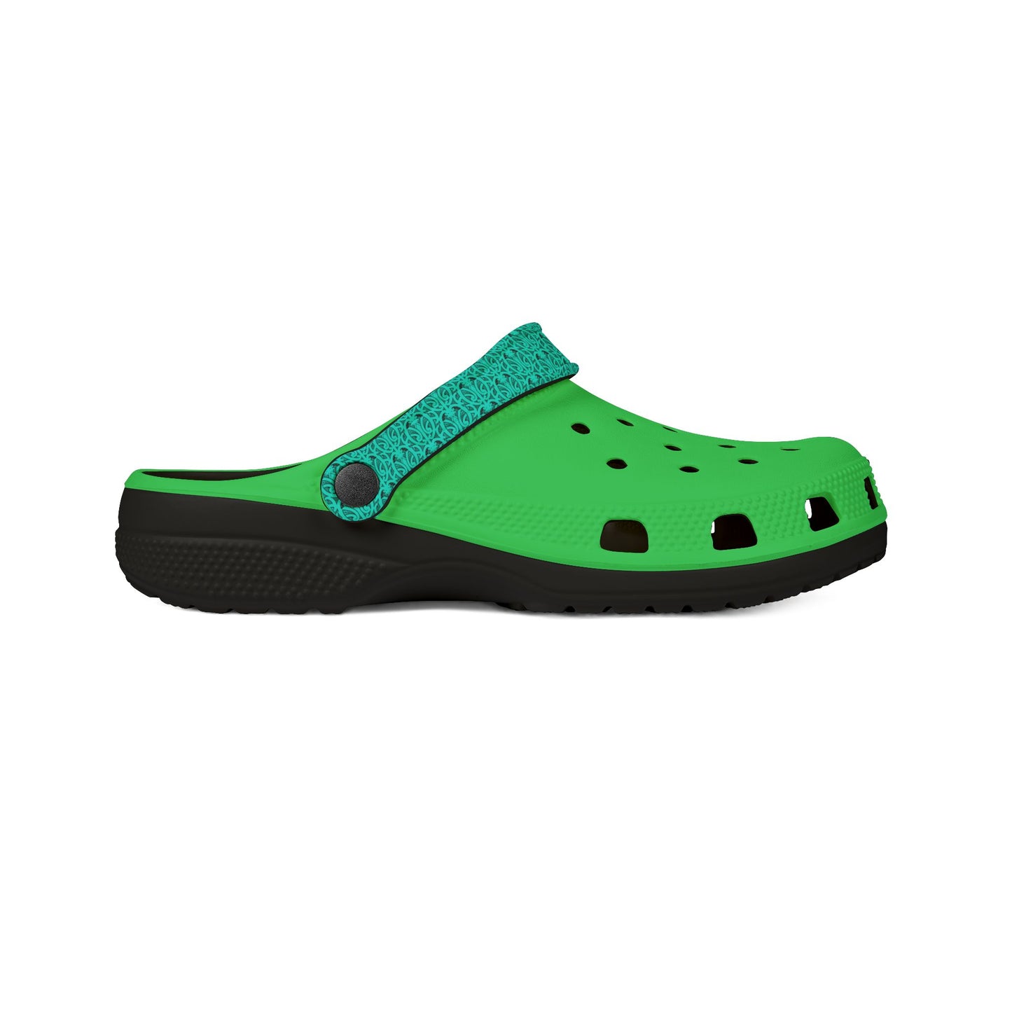 Green and teal clog sandals with perforated toe vents and textured black outsole