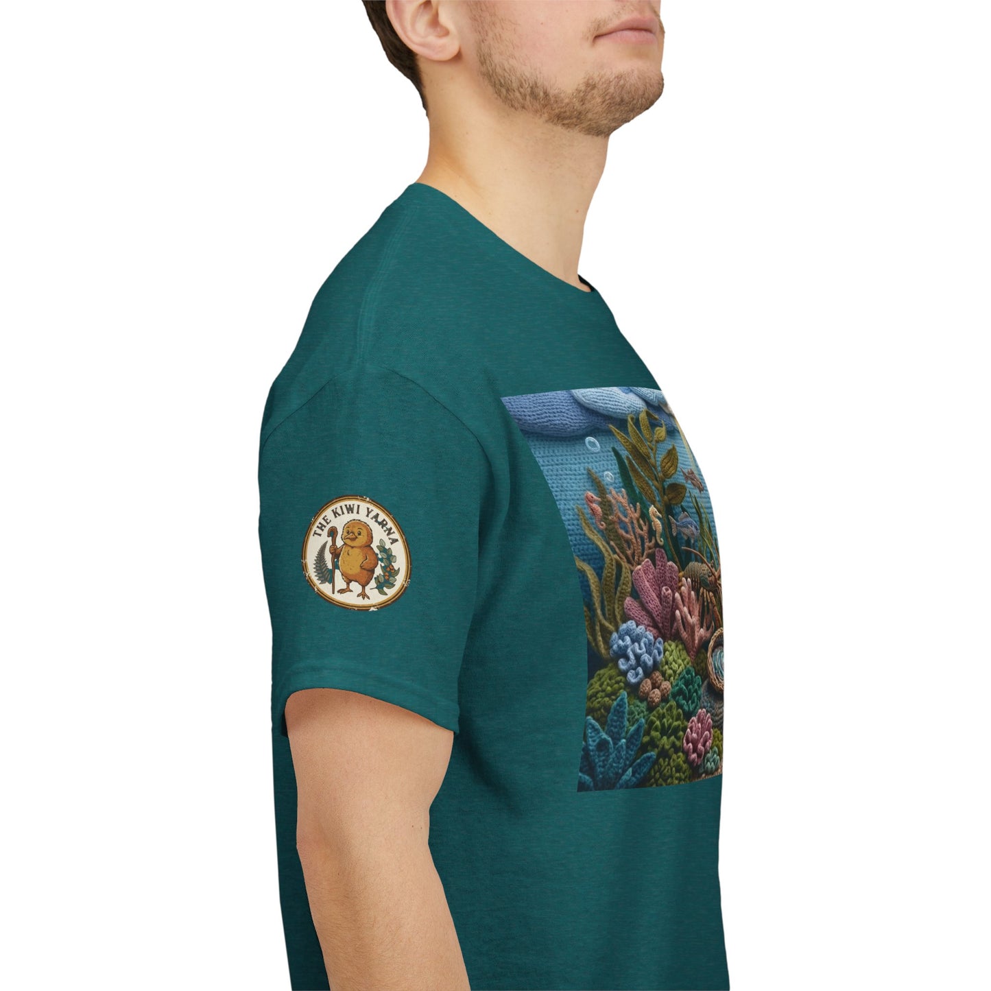 Ocean graphic T-shirt in teal/blue with sleeve patch and coral reef front print