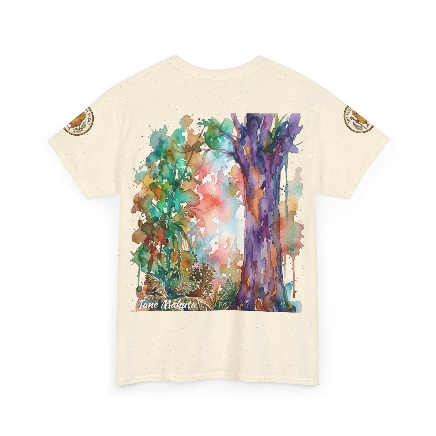 Off-white T-shirt with colorful watercolor tree graphic and Tane Mahuta
